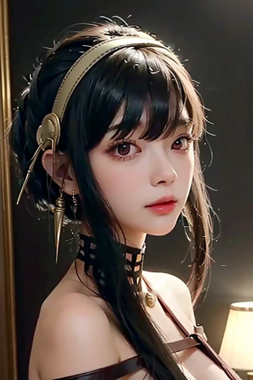 a beautiful young girl with large, expressive eyes, delicate facial features, and fluffy chestnut hair posing confidently while wearing a Spy x Family Yol Forger costume, the image captured as a high-quality, realistic SLR photograph with exceptional detail, vivid colors, and perfect balance, showcasing the girl's striking beauty and the intricate costume design, the lighting and composition drawing the viewer's attention to the subject's captivating gaze.