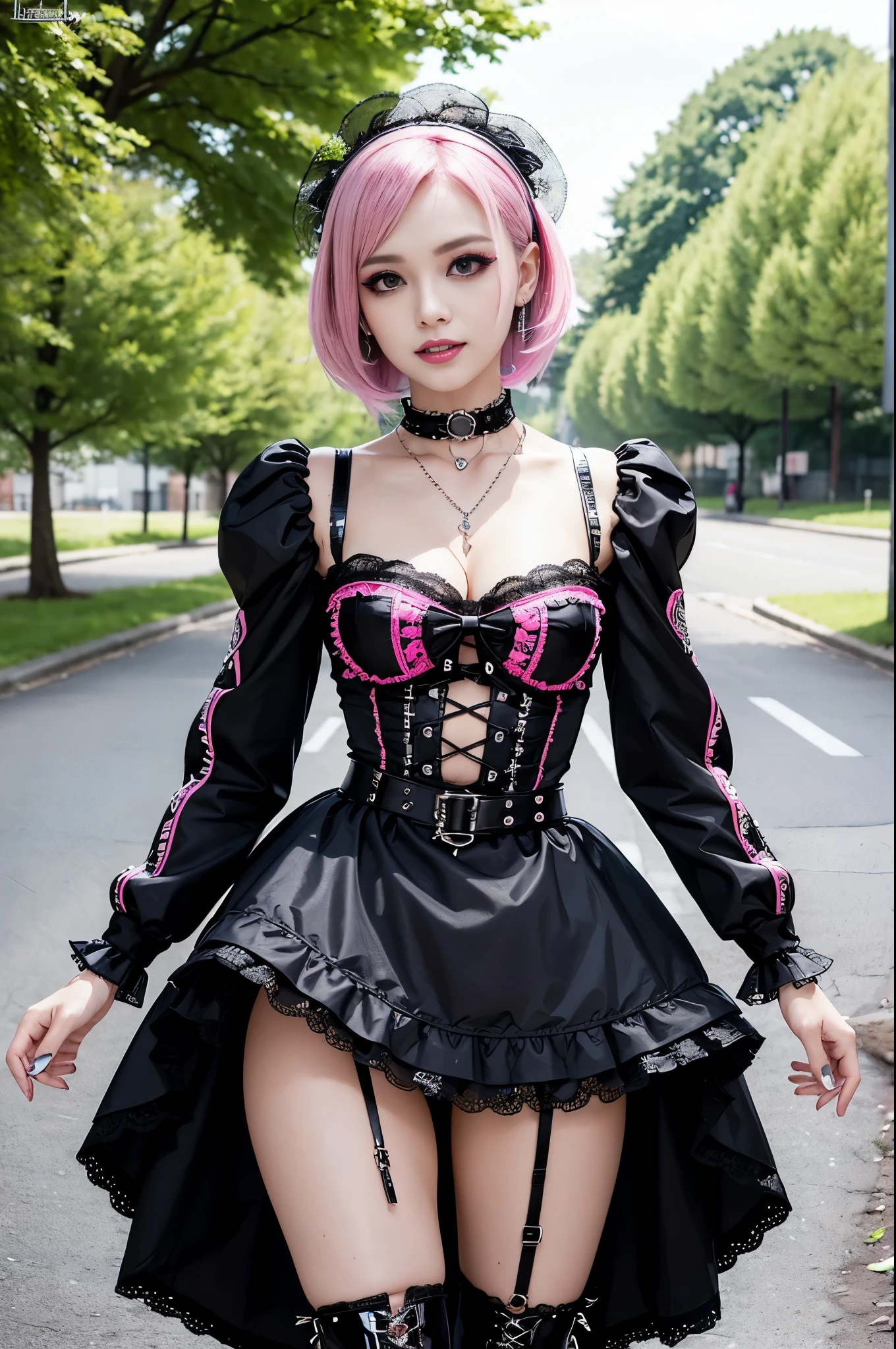 y stylish Swedish model, only 1 female, ((doll-like appearance)), short neon pink stylish hair, ((shiny Punk-Style boots)), (big smile), ultra detailed eyes, Punk makeup, lipgloss, ((sexunk Lolitaay)), unconventional skirt, petticoats, high neckline, ((ultra detailed lace)), ((ultra detailed embroidery)), intricate details, tartan patterns, safety pins, Punk Lolita acces, Punk Lolita choker, ((lparkling Punk Lolita jewelry)), cinemaght, detailed large park background with trees