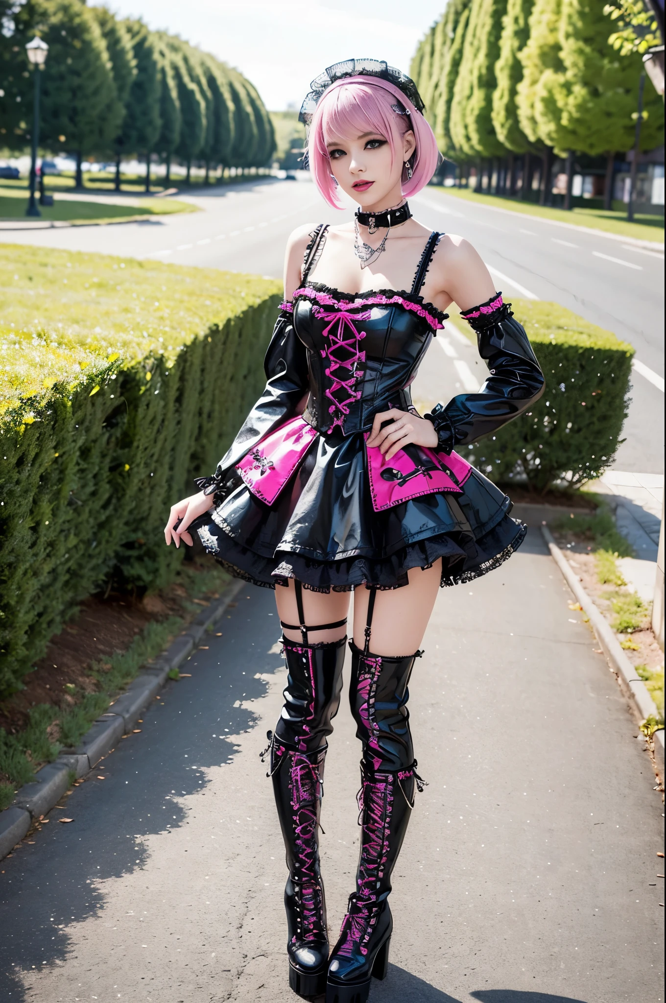 sexy stylish Swedish model, only 1 female, ((doll-like appearance)), short neon pink stylish hair, ((shiny Punk-Style boots)), (big smile), ultra detailed eyes, Punk makeup, lipgloss, ((sexy Punk ta cosplay)), unconventional skirt, petticoats, high neckline, ((ultra detailed lace)), ((ultra detailed embroidery)), intricate details, tartan patterns, safety pins, Punk Loliccessoires, Punk Lolita cr, ((large sparkling Punk Lolita jewel, cinematic light, detailed large park background with trees