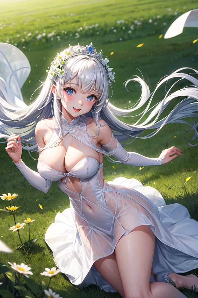 Busty princess, white dress, long transparent. Field of flowers, Sexy look, tongue out.