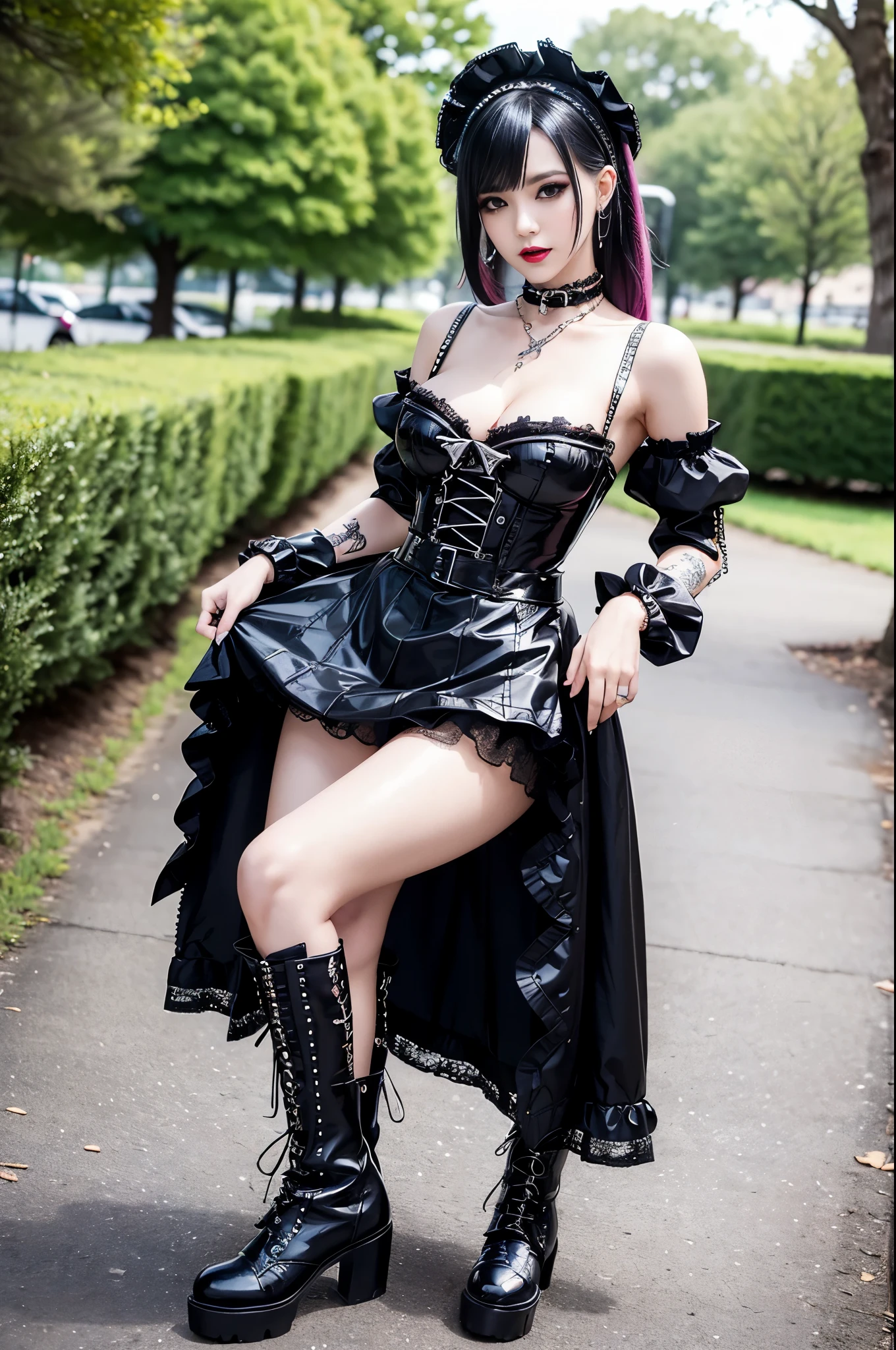 sexy stylish female model, only 1 female, ((doll-like appearance)), long dramatic stylish hair, ((shiny Punk-Style boots)), (big smile), ultra detailed eyes, Punk makeup, lipgloss, ((sexy Punk ta cosplay)), unconventional skirt, petticoats, high neckline, ((ultra detailed lace)), ((ultra detailed embroidery)), intricate details, tartan patterns, safety pins, Punk Loliccessoires, Punk Lolita cr, ((large sparkling Punk Lolita jewel, cinematic light, detailed large park background with trees