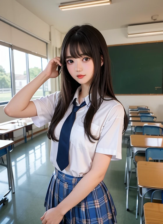 highest quality))、(masterpiece:1.3)、Raw photo、8k、(best image quality)、(highest resolution)、Beautiful face in every detail、realistic、Photoreal、(the most beautiful woman:1.3)、(the finest woman:1.3)、high school girl、(small face)、long hair、straight hair、、(high school girl uniform)、(The prettiest girl)、(The queen bee:1.3)、(The cutest girl)、(She's Out of my league)、(the most beautiful girl in school:1.3)、(country road:1.3)、(Luxury woman:1.3)、(school queen:1.3)、(With bangs)、(Commuting to school)、((18 year old beauty))、beautiful hair、long neck、tie、everyone admires、summer、short sleeve、red cheeks、(Big eyes)、necklace、cute hairstyle、[[[smile]]]、watch