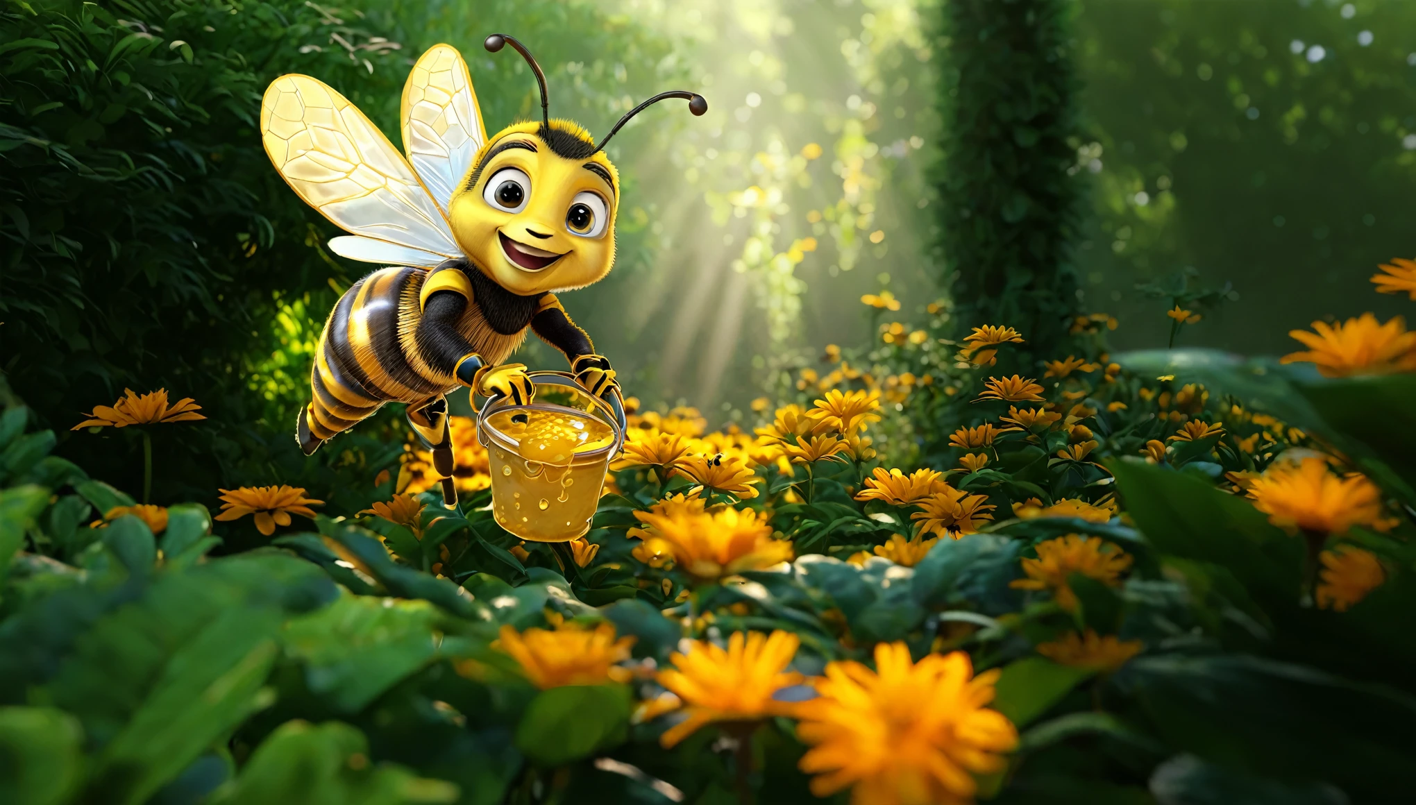 there is a cartoon abeja that is holding a bucket of honey, maya abeja, fantasy abejakeeper, 3 d abeja, lindo render 3d, adorable pintura digital, (abeja), render promocional, closeup painting of abeja, inspirado por Alison Kinnaird, estilizado como un render 3d, representado como un render 3d, Arte oficial de renderizado 3D.