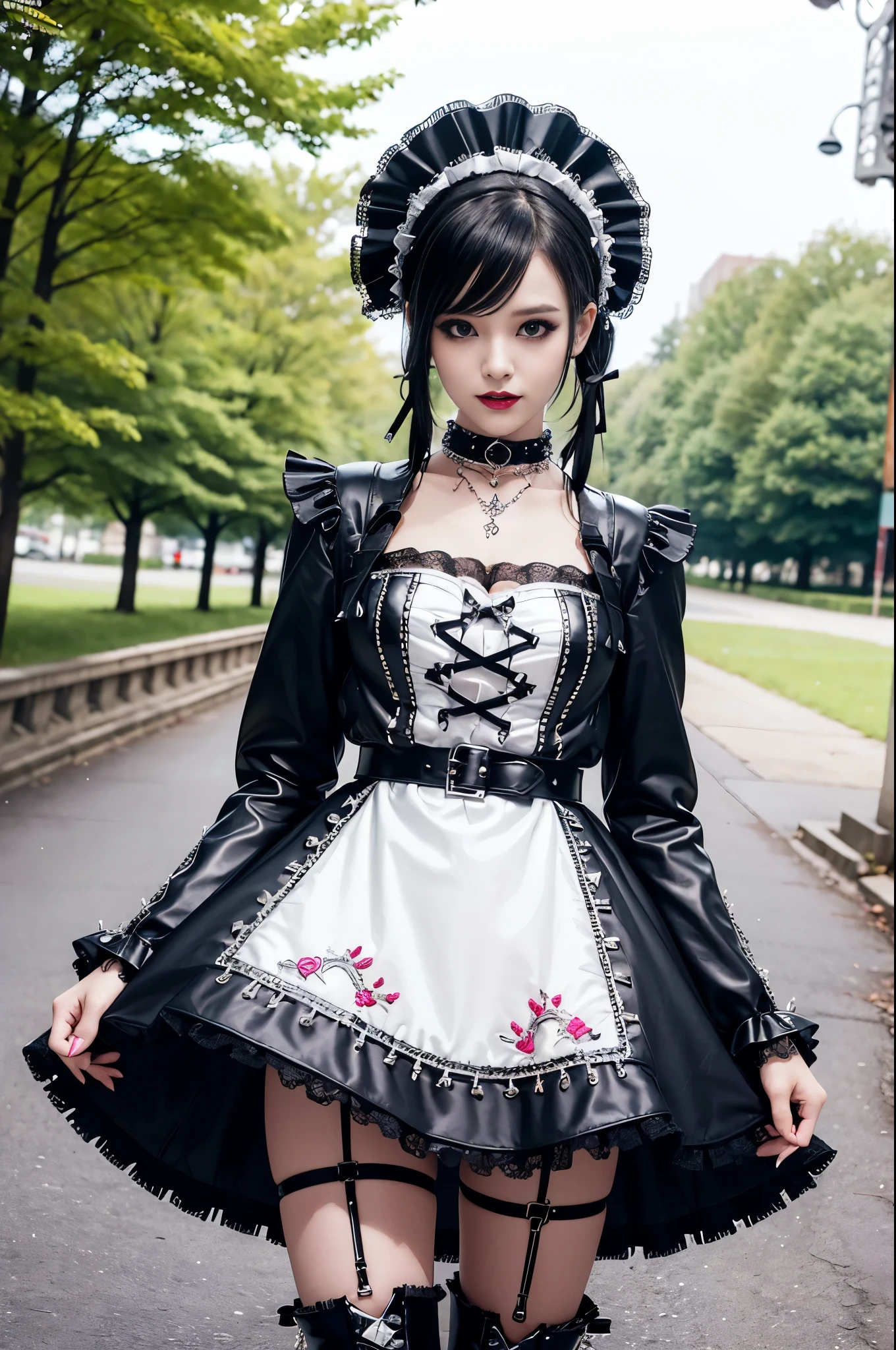 sexy stylish female model, only 1 female, ((doll-like appearance)), long dramatic stylish hair, ((shiny Punk-Style boots)), (big smile), ultra detailed eyes, Punk makeup, lipgloss, ((sexy Punk ta cosplay)), unconventional skirt, petticoats, high neckline, ((ultra detailed lace)), ((ultra detailed embroidery)), intricate details, tartan patterns, safety pins, Punk Loliccessoires, Punk Lolita cr, ((large sparkling Punk Lolita jewel, cinematic light, detailed large park background with trees 