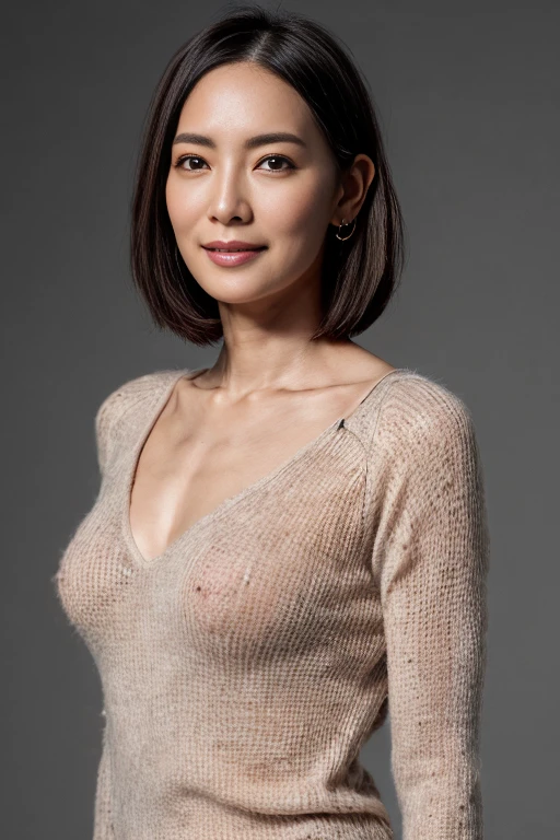 8k images, highest quality, masterpiece, Realistic, Realistic, High resolution, Ray Tracing, 1 sexy Japanese middle-aged woman,45 years old、Fine wrinkles on the face、 Grey deep V-neck super thin sweater, The skin is transparent、((Nipples(((Thin)))See through)、Shapely round breasts, Detailed skin texture, Brown curly hair, Straight hair, A plump figure, ((View your viewers))