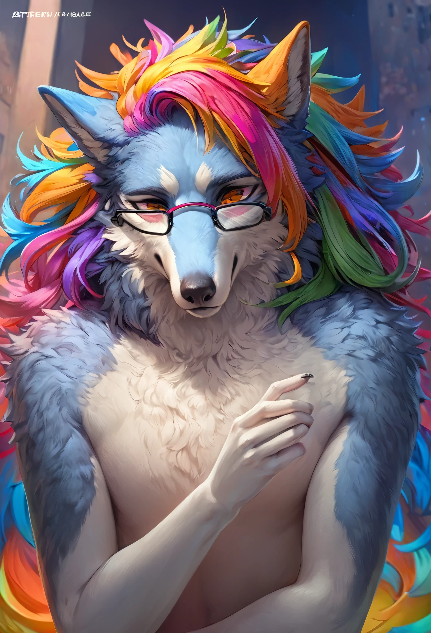 highres, top quality, best quality, paid reward available, High-quality illustrations, unparalleled masterpiece, perfect artwork, absurdres, Werewolves with colorful hair and glasses, detailed anime art, assorted facial expression, fully posable, neutral pose, extra detailed body, 5fingers, thinking pose, cool pose(highly detailed figure)complete detailed body,