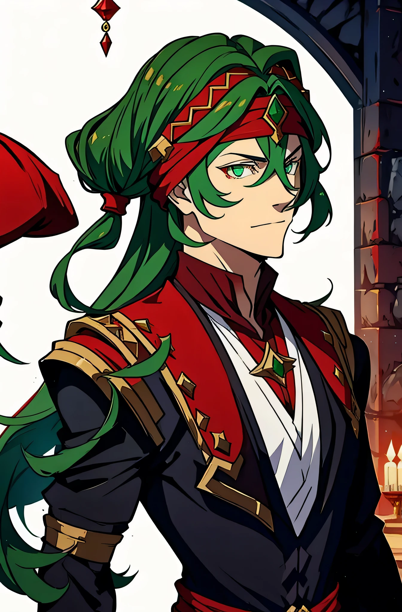 Moroccan lord Dracula in red turban Handsome muscular warrior Long Hair White Red Eyes Medieval Crystal Return to His Castle Victorious,green hair,