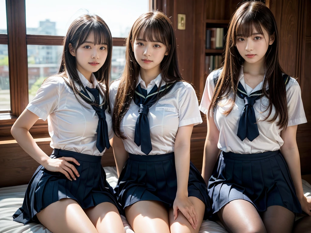 (RAW photo, 4k, masterpiece, high resolution, extremely complex) (realistic: 1.4), cinematic lighting
 ((2 girls, 2 schoolgirls)),Slam Dunk's,blushing,((innocent)),(Dark makeup),bright eyes,round eyes,blunt bangs,(straight hair:1.3),black hair,large breasts,wide hips,Summer Noon, 20 year old girl、cute type、lolita,Hot, (Best Quality), (Highres), (an Extremely Delicate and Beautiful),(Beautiful 8k face),(Brown eyes),short bob hair,( spectators),(gigantic breasts),(Play with each other,Touching each other's bodies,Touching the body),(Japanese high school uniform:1.3),blue skirt,(reality),bright lighting,(The background is a luxury hotel room)