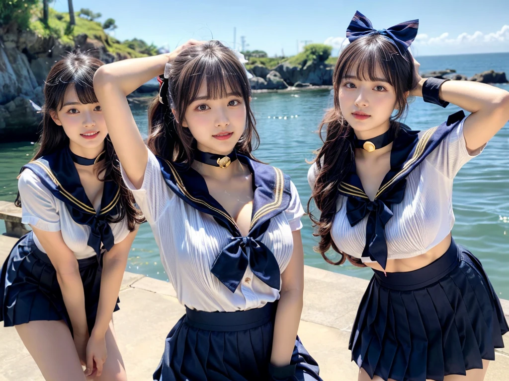 (((very heavy chest))),NSFW, 16k raw photos, highest quality, masterpiece, ultra high resolution, ((She is wearing Beautiful exposed redShe is wearing (a high school sailor uniform).
(navy sailor collar:1.4),(white shirt:1.4),(navy pleats skirt:1.4),(navy bow:1.4))).movie, ((2 girls, , 2 schoolgirls)),((attractive expression)),eyes shine、 looking at the viewer, natural skin texture very heavy chest))),((( metal black ribbon around the neck))).star handle mold、((yellow eyes)),Realistic eye and face details, lip whole, lipstick makeup), fluffy ponytail hair, laughter, Beautiful feet, tall woman, ((glowing skin)),((Beautiful armpit)), slim_feet, huge breasts, cleavage, beautiful natural places, beautiful flower garden、(detailed background,highly exposed, huge breasts, blurred background,, JK ribbon on the neck, jk ribbon, golden hair, bracelet, water, bangs, split your lips、armpit、beautiful hip line、glowing skin、(((eyes shine brightly))),lotion skin、High leg、((black hair)),highly exposed、Skimpy pink luxury fur coat、beautiful sea background、wind effect、