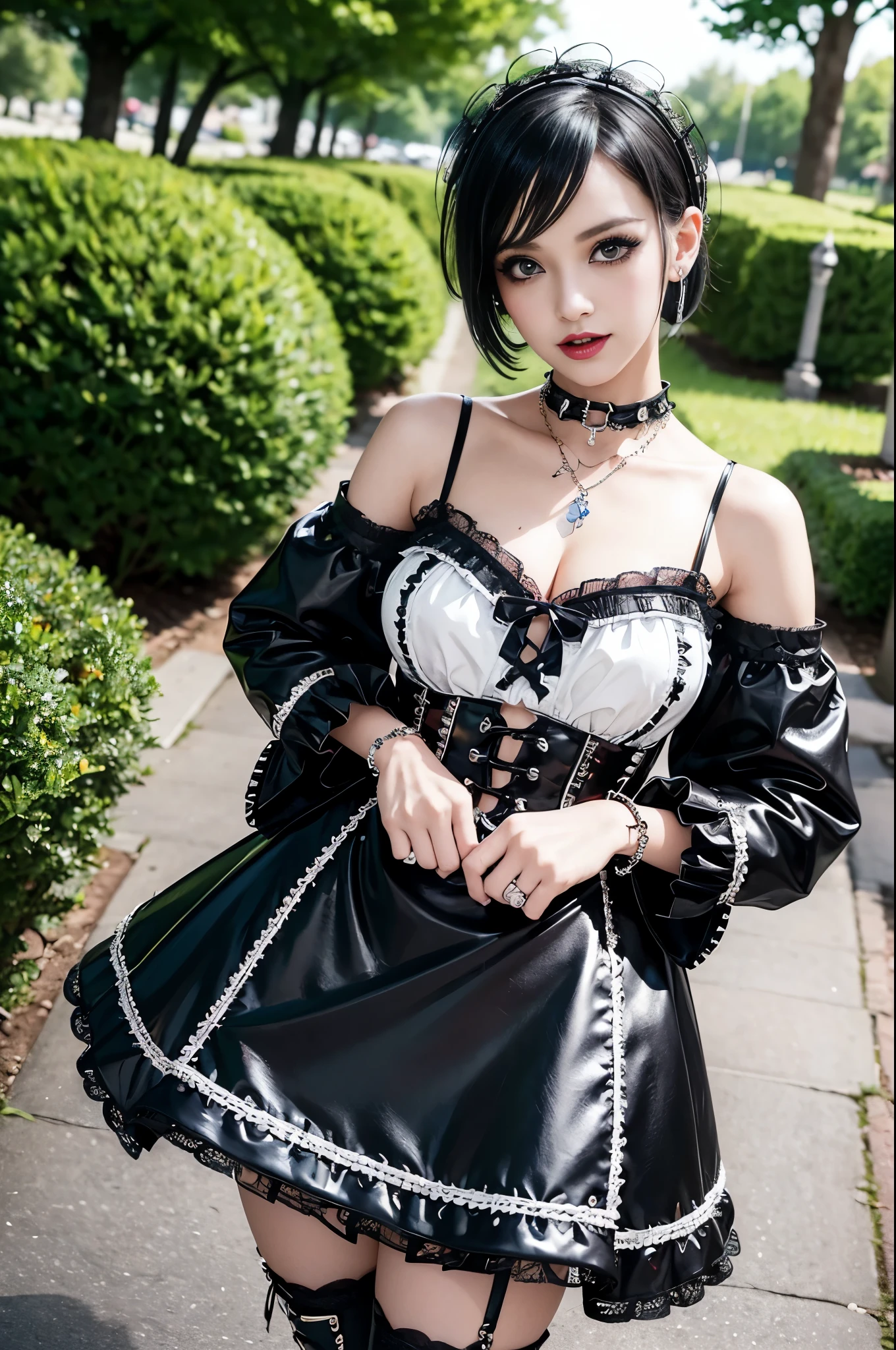 sexy stylish female model, only 1 female, ((doll-like appearance)), short dramatic stylish hair, ((shiny Punk-Style boots)), (big smile), ultra detailed eyes, Punk makeup, lipgloss, ((sexy Punk ta cosplay)), unconventional skirt, petticoats, high neckline, ((ultra detailed lace)), ((ultra detailed embroidery)), intricate details, tartan patterns, safety pins, Punk Loliccessoires, Punk Lolita cr, ((large sparkling Punk Lolita jewel, cinematic light, detailed large park background with trees