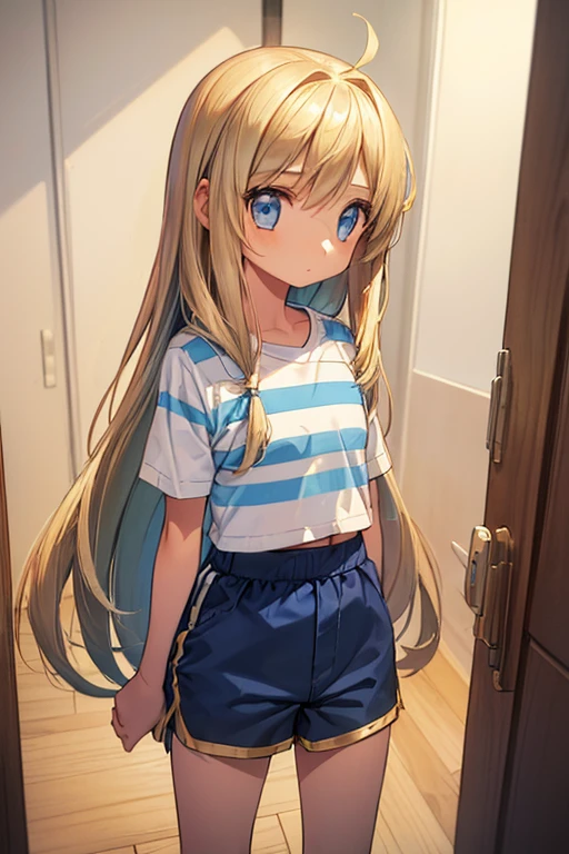 Beautiful illustrations, highest quality, (12-year-old girl:1.4)、(pretty girl:1.5)、、Flat Chest、Blue striped shirt、(Light blue elastic waist shorts、Sports shorts:1.7)、Cinema Lighting, (Gold long hair:1.3)、Gold Straight Hair、Redness on the cheeks
