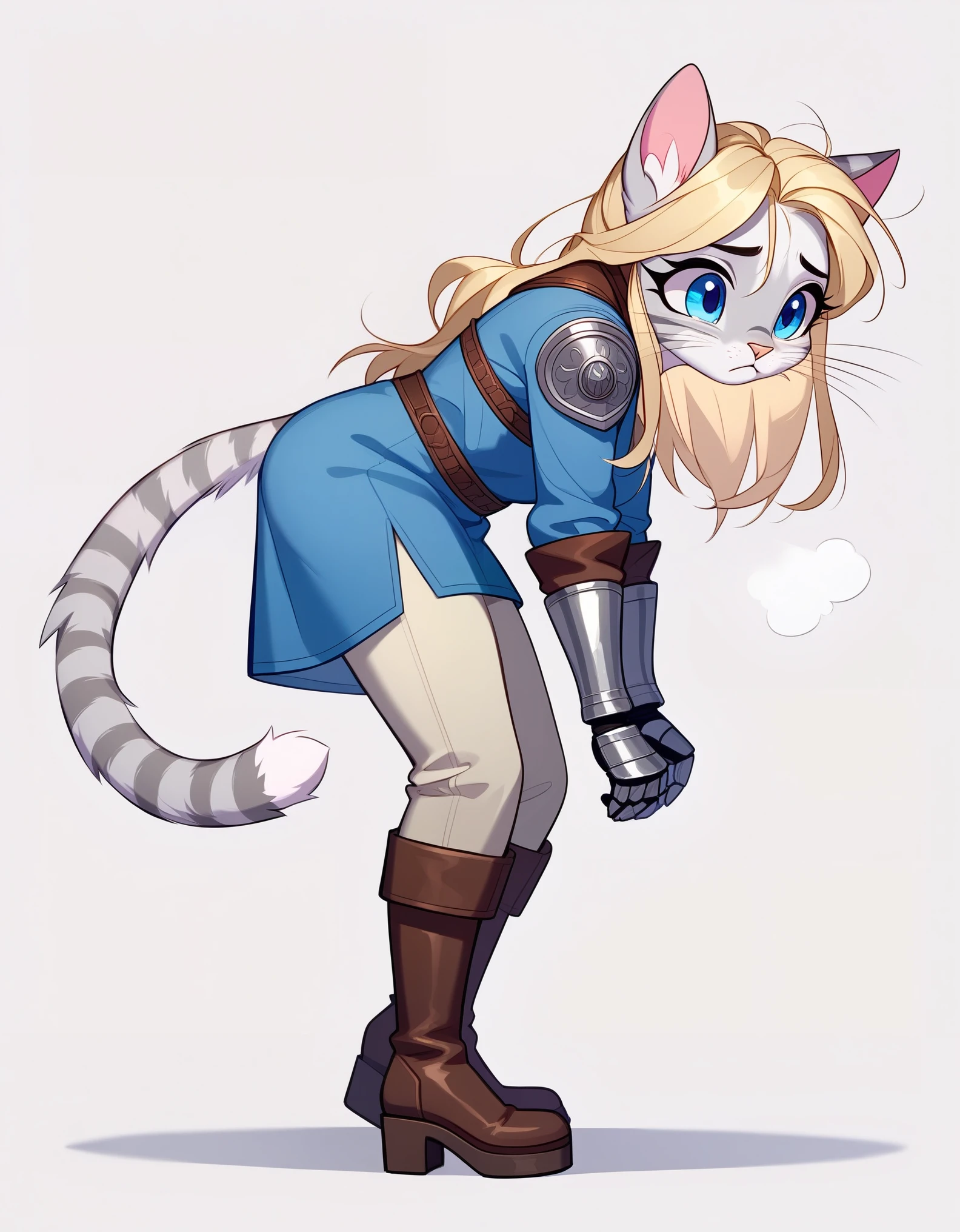 Solo, score_9,score_8_up,score_7_up, source_furry, ((Kat, Anthro furry feline girl, tall body, adult female, blue eyes, silver fur, grey stripes, blonde hair, pony tail, :3, white whiskers, pink cat nose)), wearing simple blue long sleeve tunic, brown leather gauntlets, light brown pants, brown wedge heel boots, hunched over, arms hanging, sad face, mouth open, sighing, visible sigh, breathe puff, she is sweating, simple white background, full body shot, side view