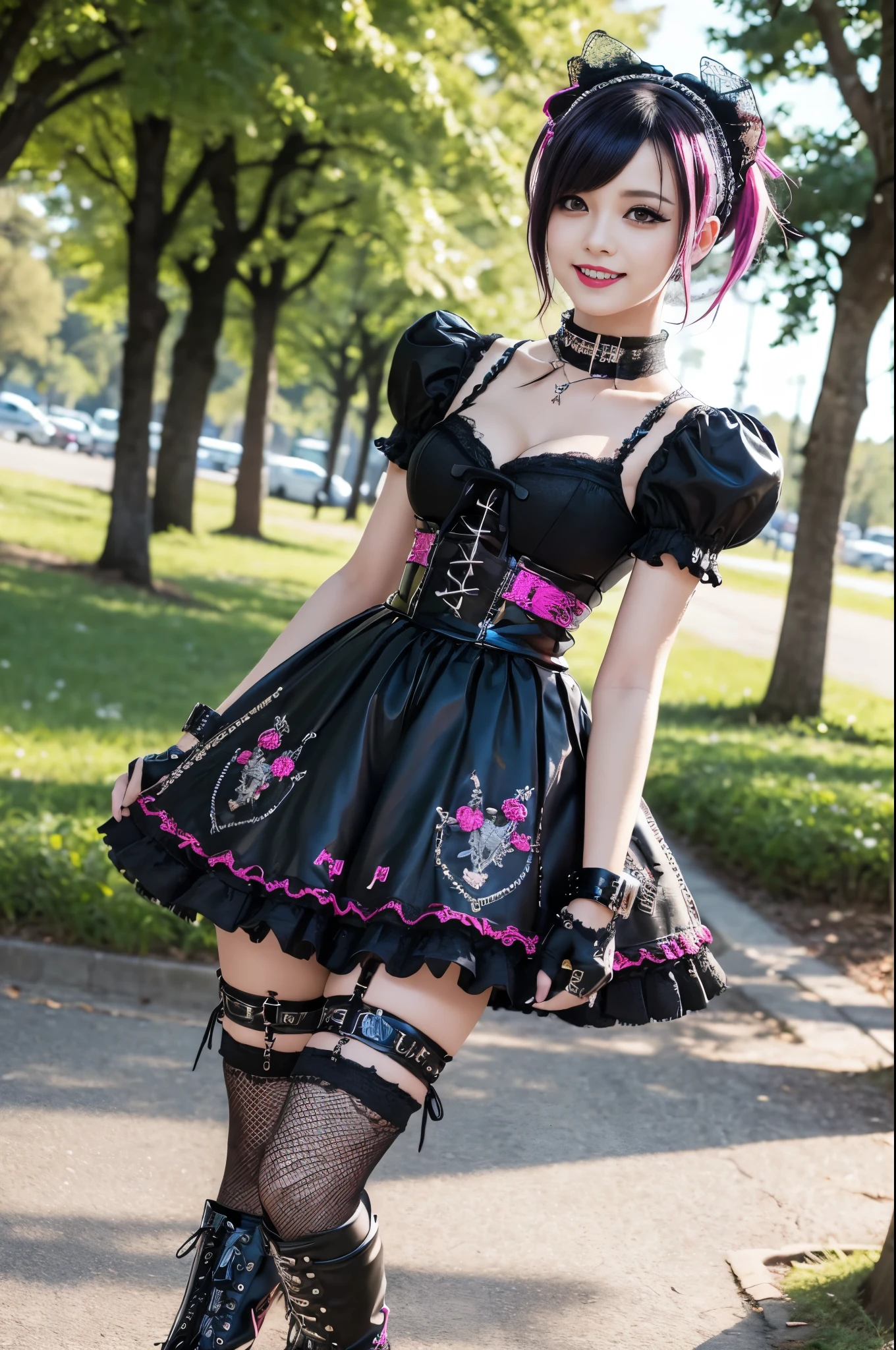 sexy stylish female model, only 1 female, ((doll-like appearance)), short dramatic stylish hair, ((shiny Punk-Style boots)), (big smile), ultra detailed eyes, Punk makeup, lipgloss, ((sexy Punk Lolita cosplay)), unconventional skirt, petticoats, high neckline, ((ultra detailed lace)), ((ultra detailed embroidery)), intricate details, tartan patterns, safety pins, Punk Lolita accessoires, Punk Lolita choker, ((large sparkling Punk Lolita jewelry)), cinematic light, detailed large park background with trees 