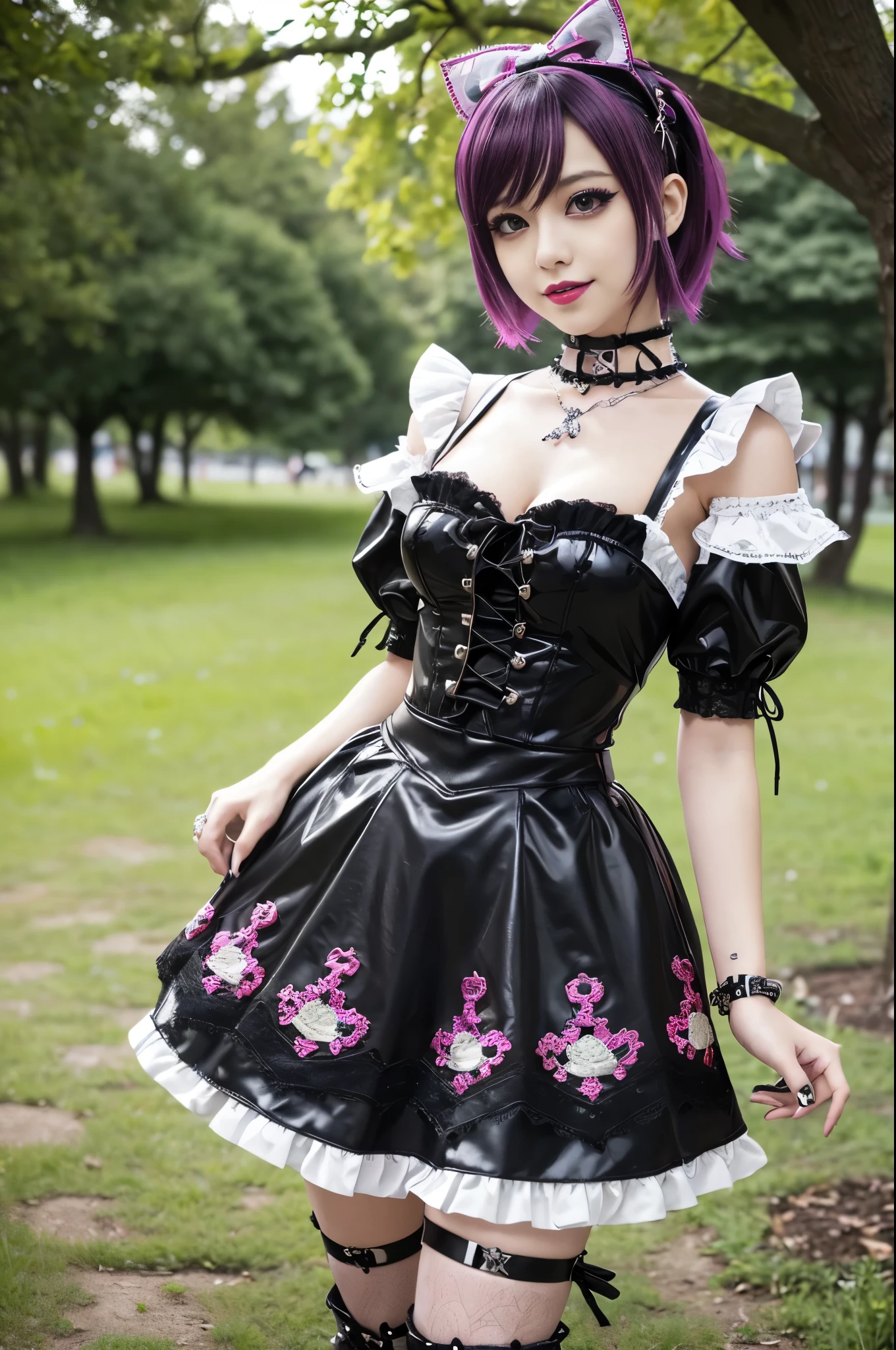 (nsfw), sexy stylish Swedish model, only 1 female, ((doll-like appearance)), short purple stylish hair, ((shiny Punk-Style boots)), (big smile), ultra detailed eyes, Punk makeup, lipgloss, ((sexy Punk Lolita cosplay)), unconventional skirt, petticoats, high neckline, ((ultra detailed lace)), ((ultra detailed embroidery)), intricate details, tartan patterns, (silver chains), (silver spikes), (safety pins), Punk Lolita accessoires, Punk Lolita choker, ((large sparkling Punk Lolita jewelry)), cinematic light, detailed large park background with trees
