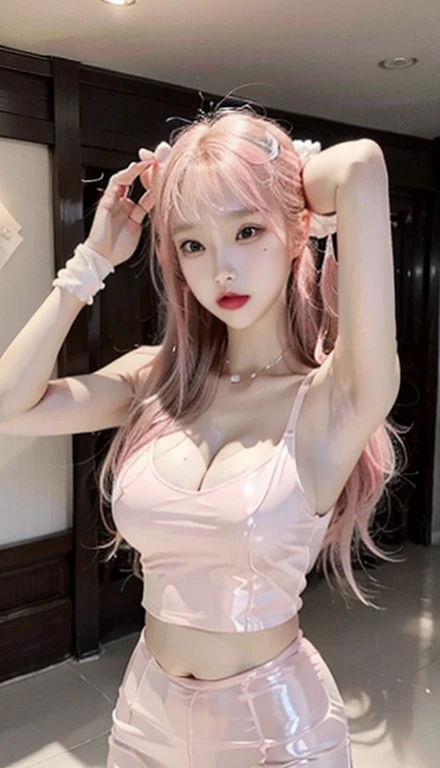 A woman in a pink shirt and skirt poses for a photo, Korean girl, Gorgeous young Korean woman, pale milky white porcelain skin, latex shiny, bubblegum body, beautiful Korean women, wearing atsuko kudo latex outfit, latex outfit, Cute girl in latex vest suit, Asian girl with long hair, Smooth pink skin, ultrarealistic sweet bunny girl, Wearing latex,Exposed cleavage,Crop topping