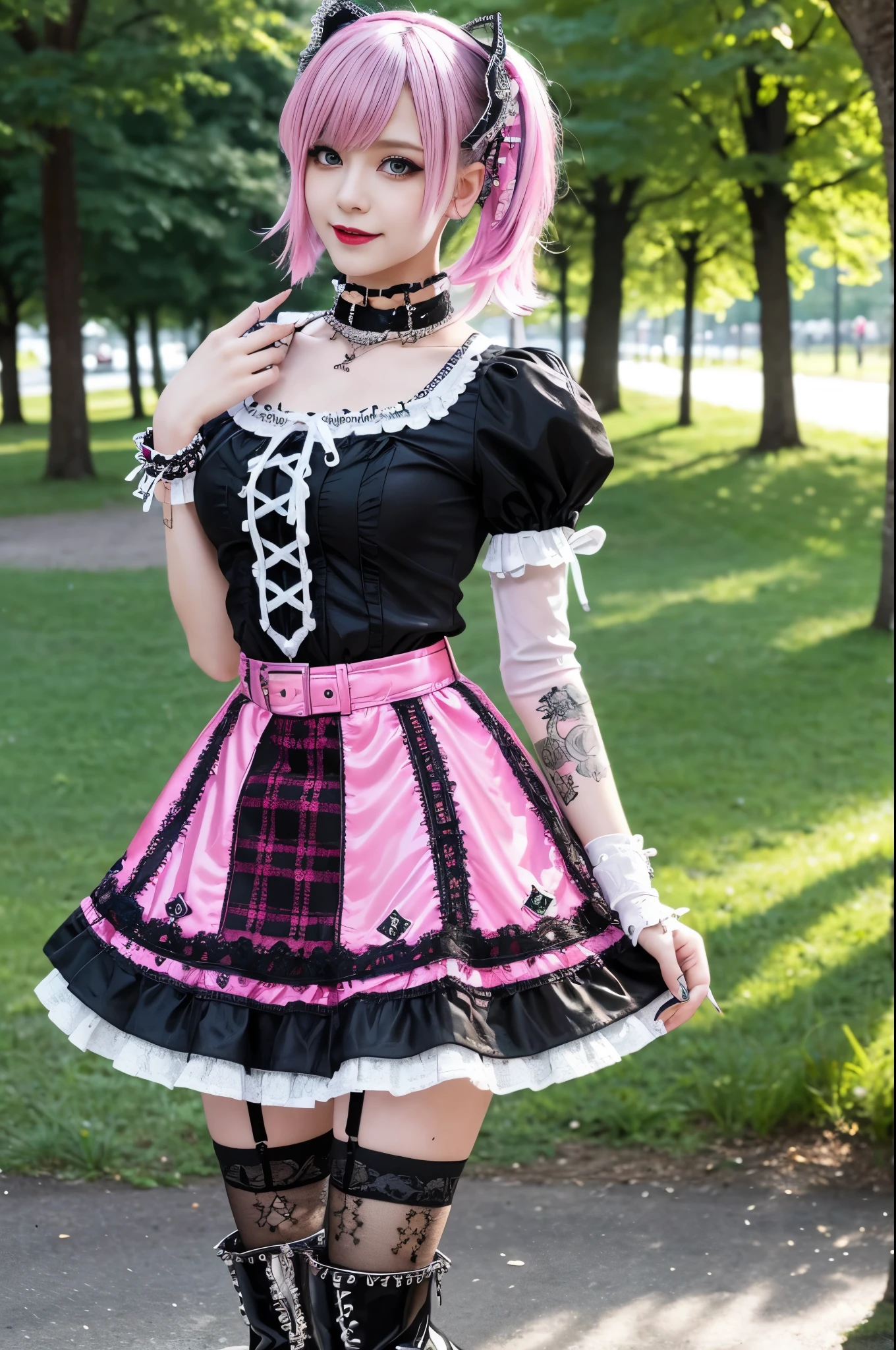 sexy stylish Swedish model, only 1 female, ((doll-like appearance)), short neon pink stylish hair, ((shiny Punk-Style boots)), (big smile), ultra detailed eyes, Punk makeup, lipgloss, ((sexy Punk ta cosplay)), unconventional skirt, petticoats, high neckline, ((ultra detailed lace)), ((ultra detailed embroidery)), intricate details, tartan patterns, safety pins, Punk Loliccessoires, Punk Lolita cr, ((large sparkling Punk Lolita jewel, cinematic light, detailed large park background with trees