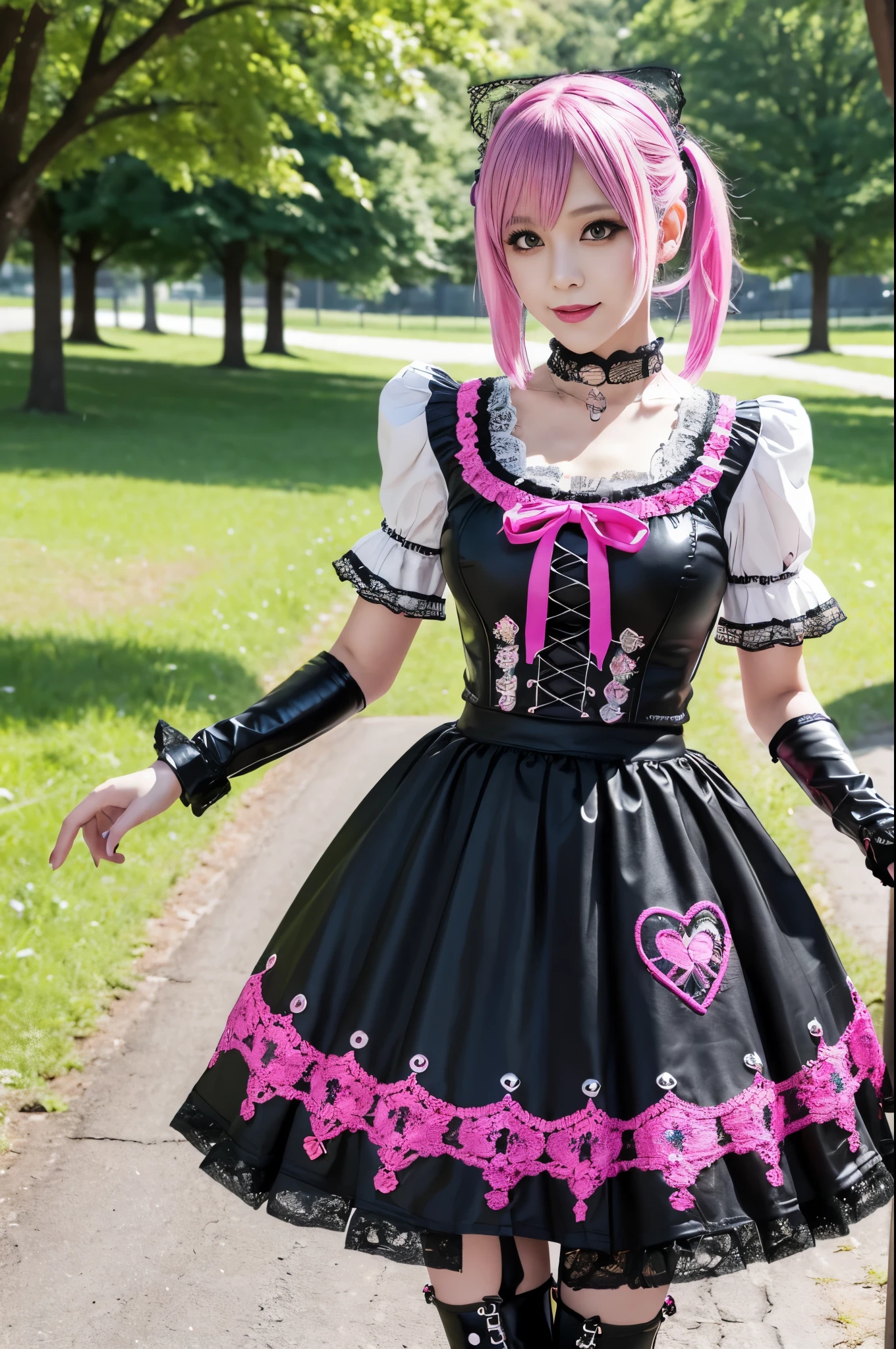 y stylish Swedish model, only 1 female, ((doll-like appearance)), short neon pink stylish hair, ((shiny Punk-Style boots)), (big smile), ultra detailed eyes, Punk makeup, lipgloss, ((sexunk Lolitaay)), unconventional skirt, petticoats, high neckline, ((ultra detailed lace)), ((ultra detailed embroidery)), intricate details, tartan patterns, safety pins, Punk Lolita acces, Punk Lolita choker, ((lparkling Punk Lolita jewelry)), cinemaght, detailed large park background with trees