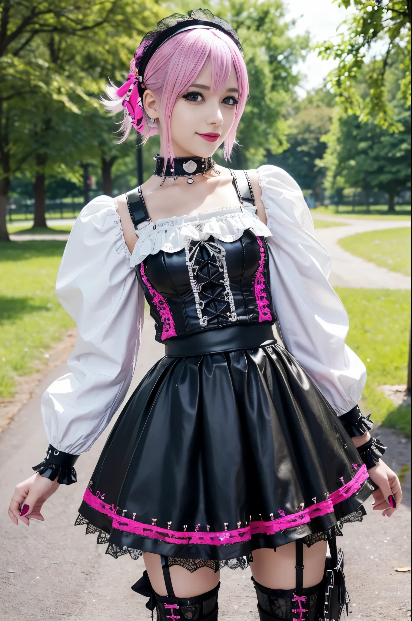 sexy stylish Swedish model, only 1 female, ((doll-like appearance)), short neon pink stylish hair, ((shiny Punk-Style boots)), (big smile), ultra detailed eyes, Punk makeup, lipgloss, ((sexy Punk Lolita cosplay)), unconventional skirt, petticoats, high neckline, ((ultra detailed lace)), ((ultra detailed embroidery)), intricate details, tartan patterns, safety pins, Punk Lolita accessoires, Punk Lolita choker, ((large sparkling Punk Lolita jewelry)), cinematic light, detailed large park background with trees 