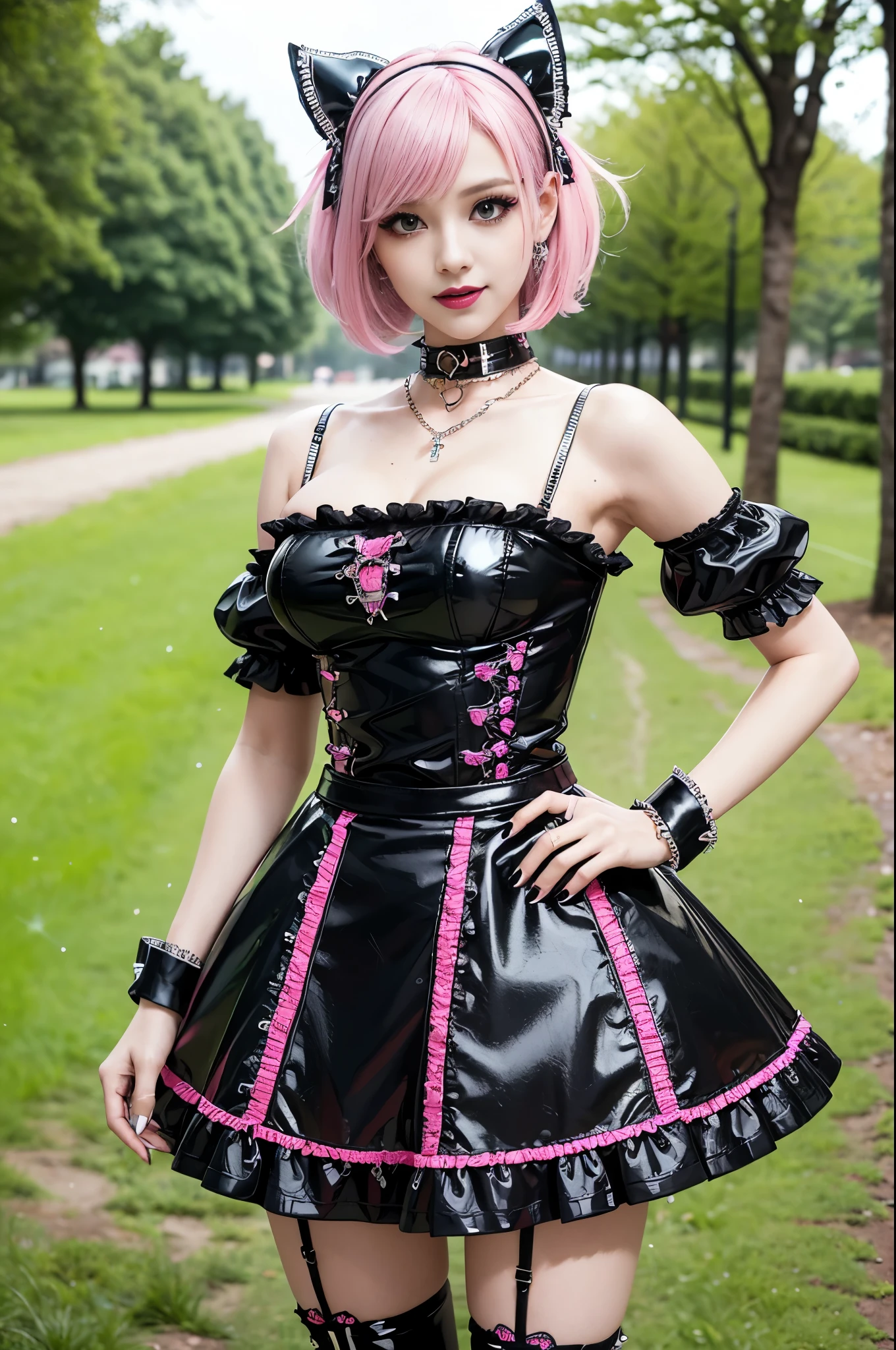 sexy stylish Swedish model, only 1 female, ((doll-like appearance)), short neon pink stylish hair, ((shiny Punk-Style boots)), (big smile), ultra detailed eyes, Punk makeup, lipgloss, ((sexy Punk ta cosplay)), unconventional skirt, petticoats, high neckline, ((ultra detailed lace)), ((ultra detailed embroidery)), intricate details, tartan patterns, safety pins, Punk Loliccessoires, Punk Lolita cr, ((large sparkling Punk Lolita jewel, cinematic light, detailed large park background with trees