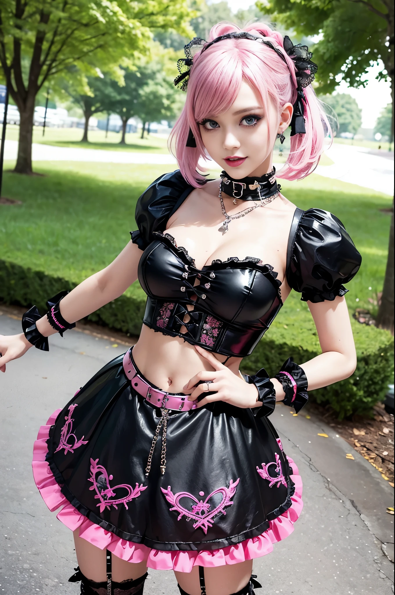 sexy stylish Swedish model, only 1 female, ((doll-like appearance)), short neon pink stylish hair, ((shiny Punk-Style boots)), (big smile), ultra detailed eyes, Punk makeup, lipgloss, ((sexy Punk Lolita cosplay)), unconventional skirt, petticoats, high neckline, ((ultra detailed lace)), ((ultra detailed embroidery)), intricate details, tartan patterns, safety pins, Punk Lolita accessoires, Punk Lolita choker, ((large sparkling Punk Lolita jewelry)), cinematic light, detailed large park background with trees