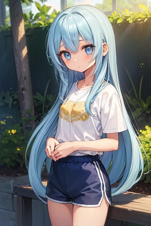 Beautiful illustrations, highest quality, (12-year-old girl:1.4)、(pretty girl:1.5)、、Flat Chest、Blue thin striped shirt、(light blue sports shorts:1.7)、Cinema Lighting, (Gold long hair:1.3)、Straight Hair、Redness on the cheeks