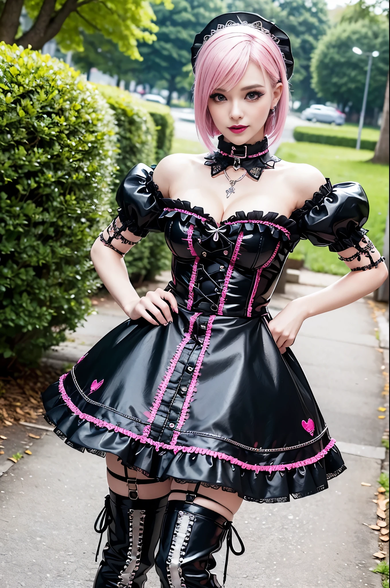 sexy stylish Swedish model, only 1 female, ((doll-like appearance)), short neon pink stylish hair, ((shiny Punk-Style boots)), (big smile), ultra detailed eyes, Punk makeup, lipgloss, ((sexy Punk ta cosplay)), unconventional skirt, petticoats, high neckline, ((ultra detailed lace)), ((ultra detailed embroidery)), intricate details, tartan patterns, safety pins, Punk Loliccessoires, Punk Lolita cr, ((large sparkling Punk Lolita jewel, cinematic light, detailed large park background with trees 