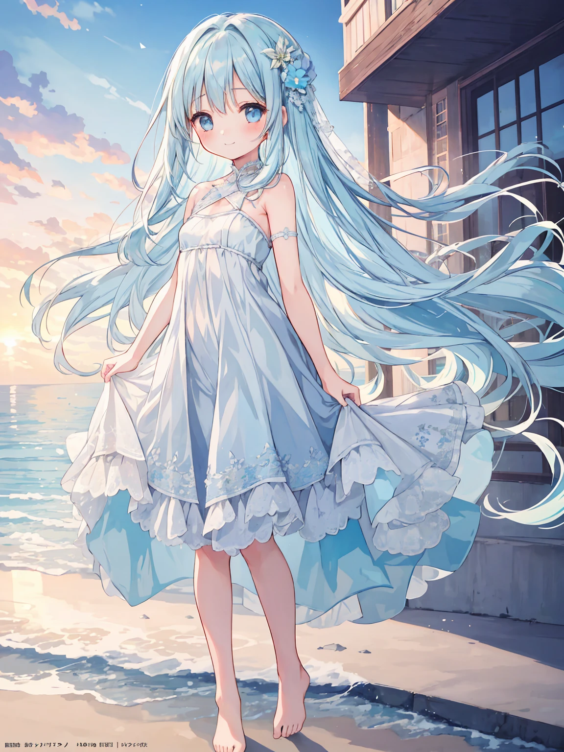 masterpiece, best quality, extremely detailed, (illustration, official art:1.1), 1 girl ,(((( light blue long hair)))), ,(((( light blue long hair)))),light blue hair, ,10 years old, long hair ((blush)) , cute face, big eyes, masterpiece, best quality,(((((a very delicate and beautiful girl))))),Amazing,beautiful detailed eyes,blunt bangs((((little delicate girl)))),tareme(true beautiful:1.2), sense of depth,dynamic angle,,,, affectionate smile, (true beautiful:1.2),,(tiny 1girl model:1.2),)(flat chest), (((masterpiece))), (((best quality))), (((ultra detailed))), sunset,absurdres, highresBREAKGirl wearing swim wet costume Running in beach, (smile, happy:1.2), full body,score_9