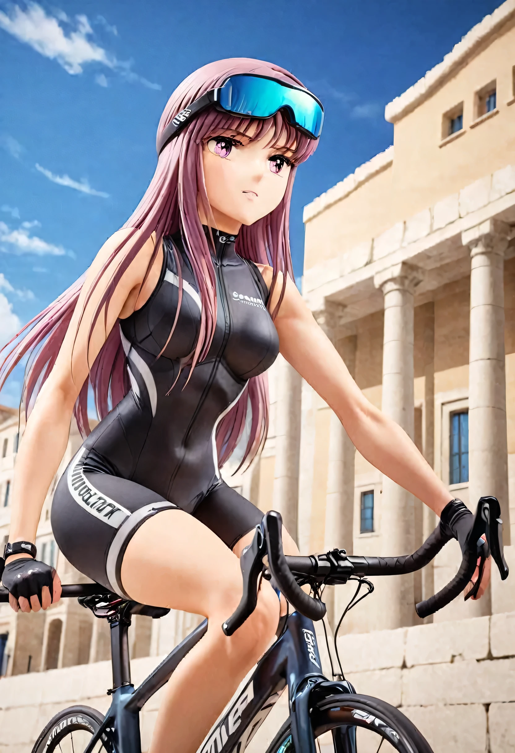 Saori kido com capacete, cycling glasses riding the road bike in front of a Greek building 
