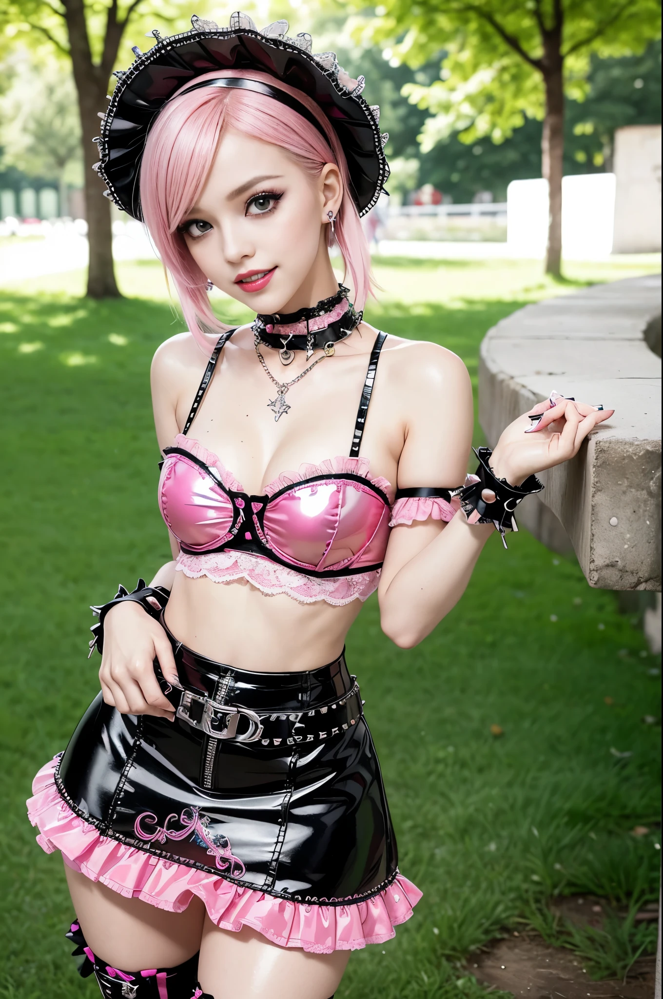 sexy stylish Swedish model, only 1 female, ((doll-like appearance)), short neon pink stylish hair, ((shiny Punk-Style boots)), (big smile), ultra detailed eyes, Punk makeup, lipgloss, ((sexy Punk Lolita cosplay)), unconventional skirt, petticoats, high neckline, ((ultra detailed lace)), ((ultra detailed embroidery)), intricate details, tartan patterns, safety pins, Punk Lolita accessoires, Punk Lolita choker, ((large sparkling Punk Lolita jewelry)), cinematic light, detailed large park background with trees 