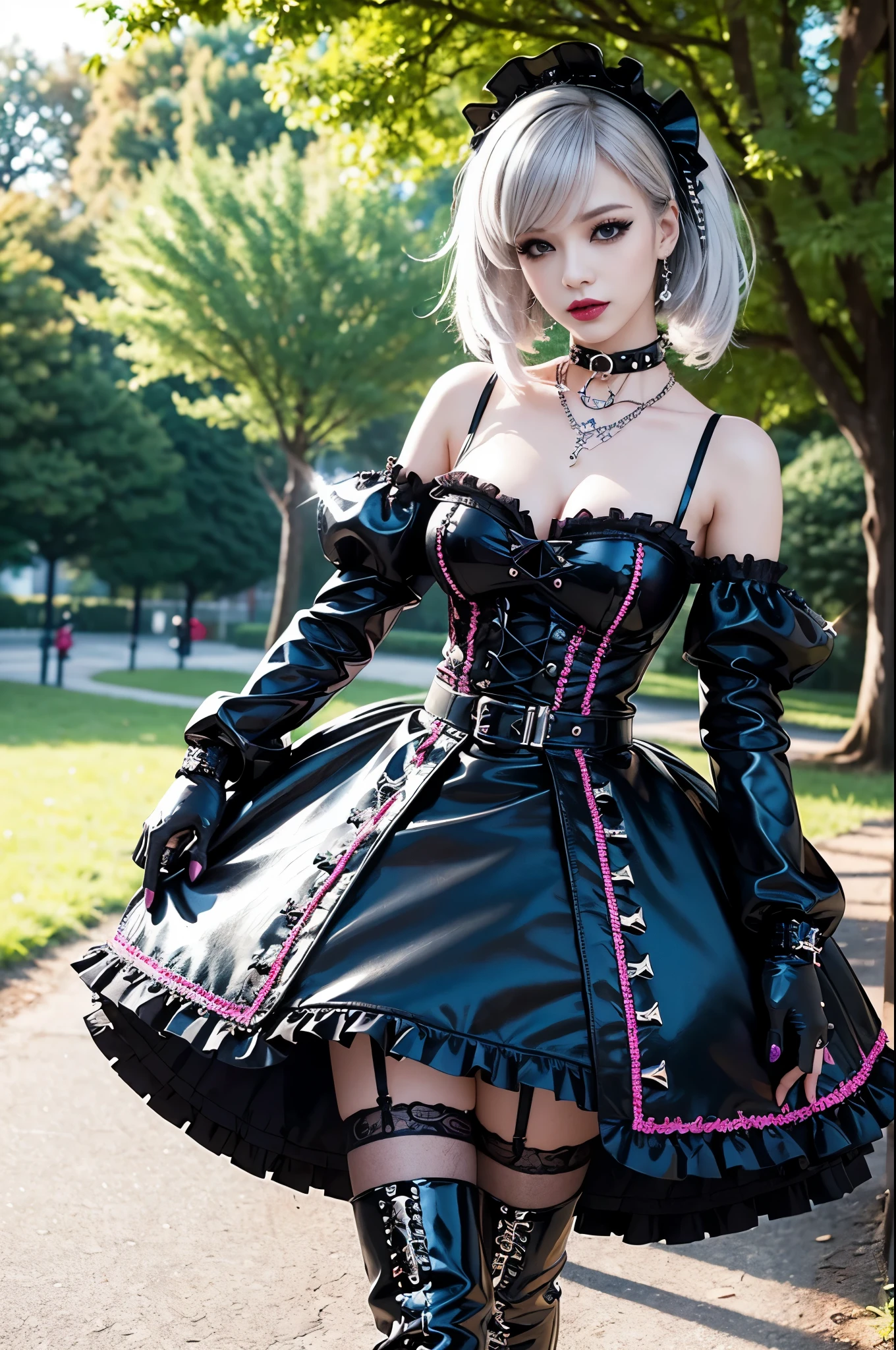 sexy stylish Swedish model, only 1 female, ((doll-like appearance)), long neon pink stylish hair, ((shiny Punk-Style boots)), (big smile), ultra detailed eyes, Punk makeup, lipgloss, ((sexy Punk ta cosplay)), unconventional skirt, petticoats, high neckline, ((ultra detailed lace)), ((ultra detailed embroidery)), intricate details, tartan patterns, (silver chains), (silver spikes), (safety pins), Punk Loliccessoires, Punk Lolita cr, ((large sparkling Punk Lolita jewel, cinematic light, detailed large park background with trees