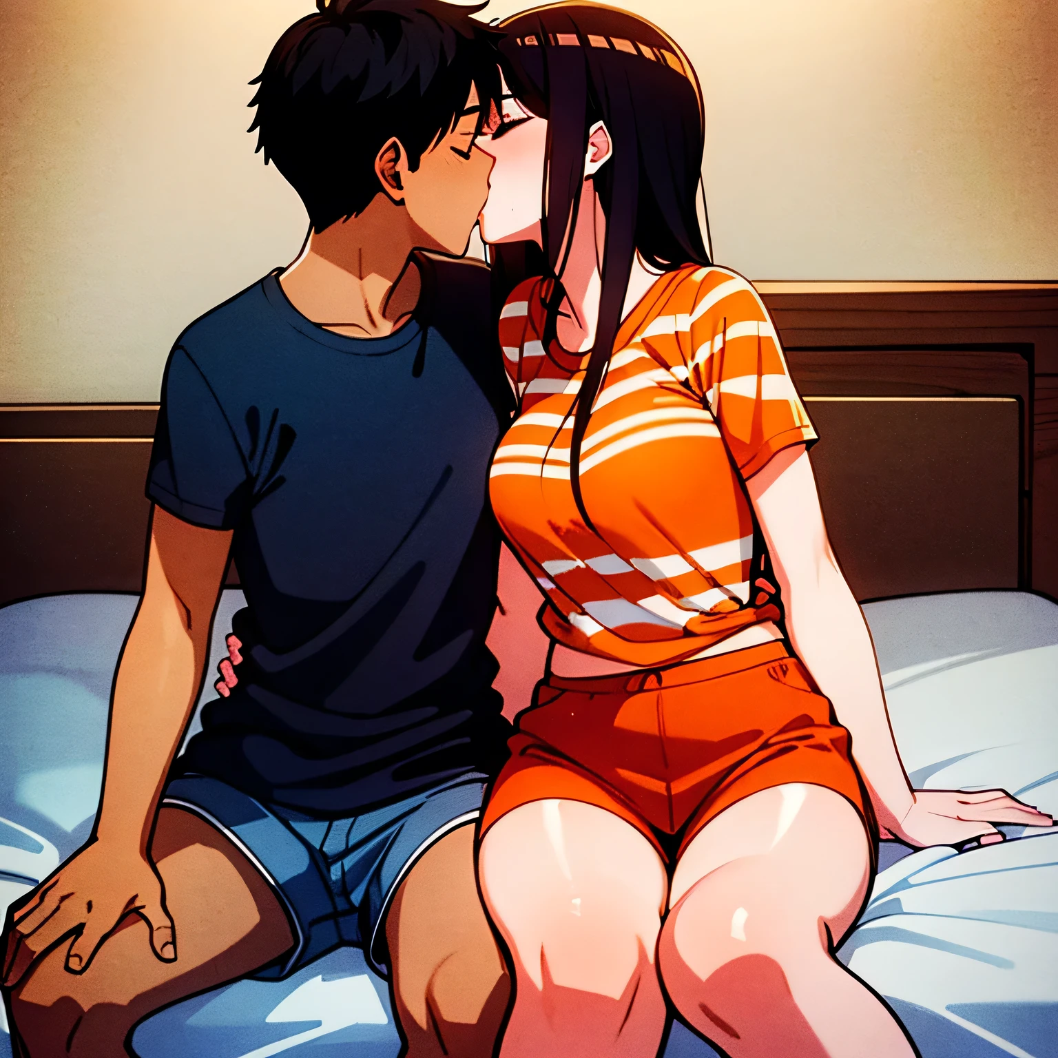 1 young male, Red face, Black Hair,Shedding bangs to the right, Young man behind the girl, Touching the chest, Rubbing breasts from behind, grab, grabbing chest,chestgrab behind back, Remove your bra, Gripping the chest, Embrace, Embrace, Kiss on the neck, One Girl, Black Hair, Waterfall knitting, Red ribbon, Long Hair, Green Eyes, blue star necklace, Light Cardigan Pink, Open shirt, yellow shirt open shift, belly button, white bra, white Panties, cute, Open your mouth, whole body, Long sleeve, Cowboy Shot, masterpiece, On a date, Blushing, Bedroom, night, Sit on the bed,