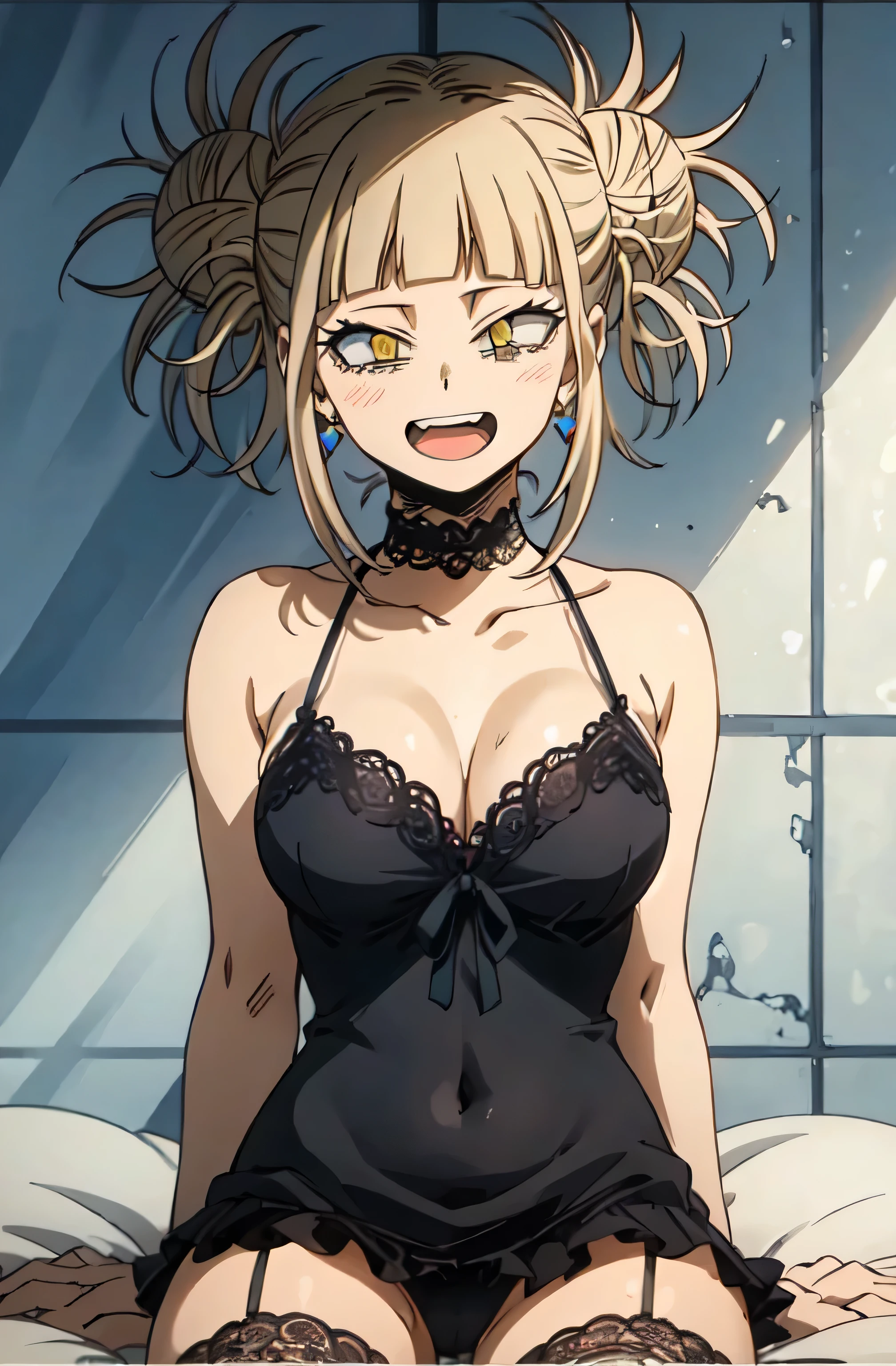 (himikotoganova), (1girl, solo), (perfect eyes), simple background ,blonde hair, double bun, messy hair, bangs, large breasts, yellow eyes, bags under eyes, smile, open mouth, (thight thighs, lace stockings, lace lingerie ), thick thighs, looking at viewer with lovely face, choker, a heart earrings, sitting on bed, blushing