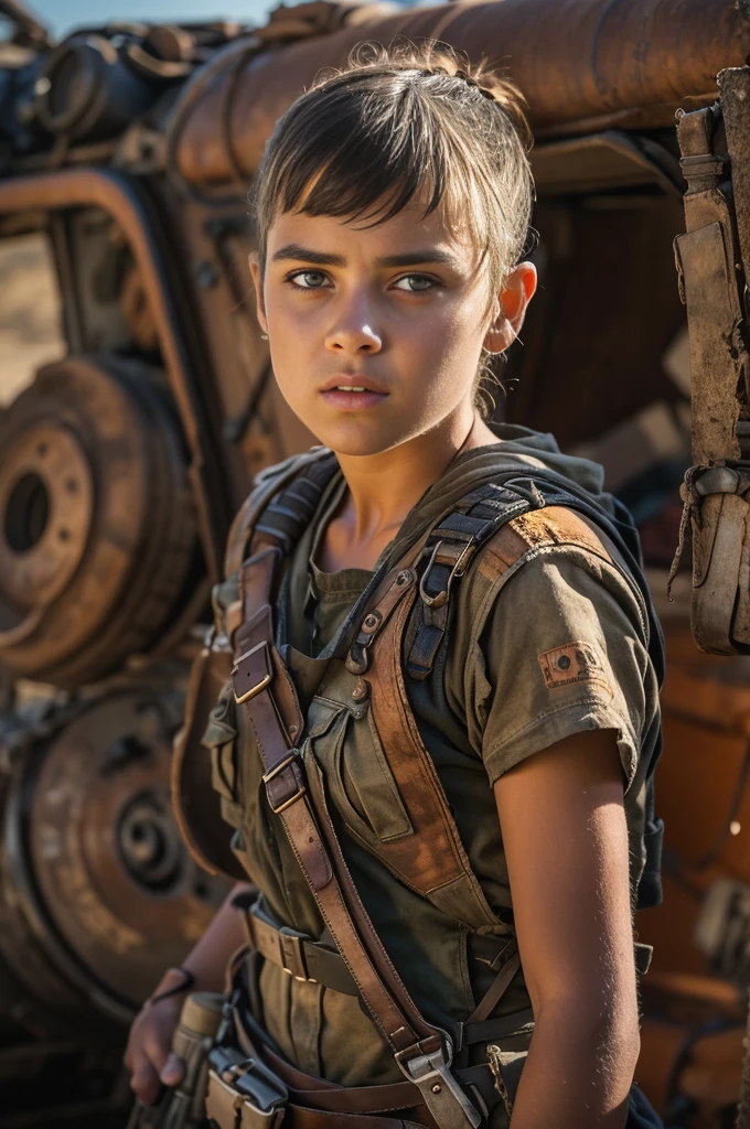 (Alyla Browne),  A beautiful portrait of a 12 years year old Australian girl ,  tween Furiosa, pretty and resilient, she is wearing a post apocalyptic nomad costume, 16K, ultra high res.photorealistic, HDR, UHD, DSLR, RAW, natural light, sharp focus, cinematic lighting, Furiosa a  Mad Max Saga vibes