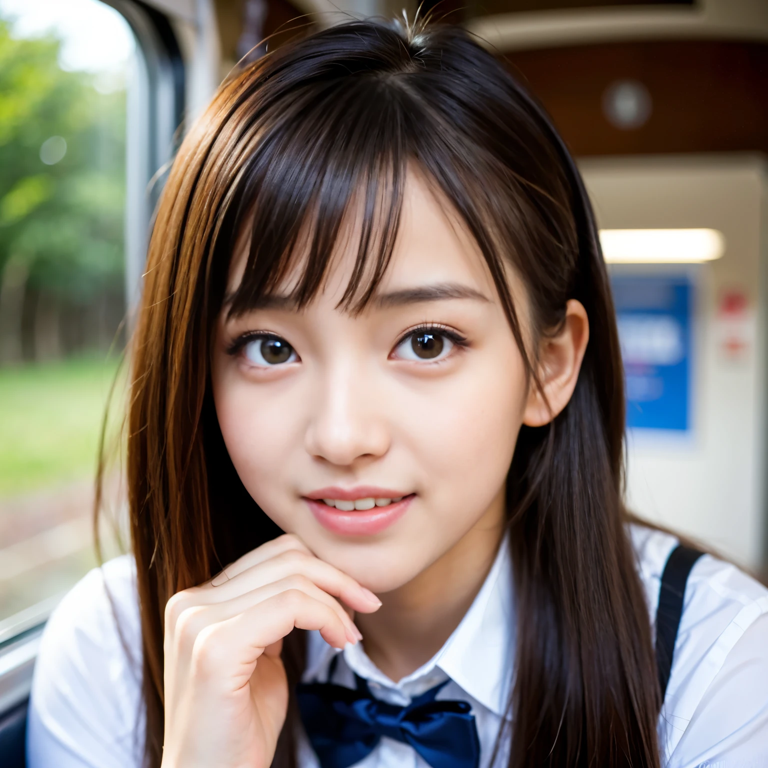 (Best-quality, Masterpiece, Ultra-High-Resolution, (Photorealistic:1.4), Raw Photo, depth of field, professional lighting, perfect anatomy, extremely details), 1girl, 15-years-old, the most famous Japanese idol, on train, wearing Japanese high-school uniform, ((feeling sexual pleasure, extremely cute orgasm-face):1.3), extremely cute and extremely big orgasm-eyes, extremely beautiful orgasm-skins, extremely cute hair, extremely cute long-eyelashes, extremely cute lips