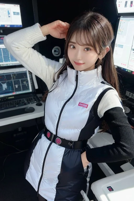 An innocent 20-year-old girl、((White tank top, Dramatic Pose)),smile,BREAK (Spacecraft control room background):2,、BREAK RAW Photos, (8k、highest quality、masterpiece:1.2)、(Intricate details:1.4)、(Photorealistic:1.4)、Octane Rendering、Complex 3D rendering with ultra-detail, Studio Soft Light, Rim Light, Vivid details, Super Detail, Realistic skin texture, Detailed aspect, Beautiful details in the eyes, Highly detailed CG Unity 16k wallpaper, compensate, (Detailed Background:1.2), Glowing Skin, whole body、(astrovest):2,(black long sleeves):5,headphone,smartwatch,((Standing with hands behind back、Leaning forward、Angle from above))