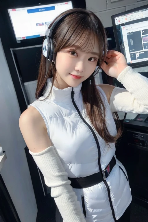 An innocent 20-year-old girl、((White tank top, Dramatic Pose)),smile,BREAK (Spacecraft control room background):2,、BREAK RAW Photos, (8k、highest quality、masterpiece:1.2)、(Intricate details:1.4)、(Photorealistic:1.4)、Octane Rendering、Complex 3D rendering with ultra-detail, Studio Soft Light, Rim Light, Vivid details, Super Detail, Realistic skin texture, Detailed aspect, Beautiful details in the eyes, Highly detailed CG Unity 16k wallpaper, compensate, (Detailed Background:1.2), Glowing Skin, whole body、(astrovest):2,(black long sleeves):5,headphone,smartwatch,((Standing with hands behind back、Leaning forward、Angle from above))