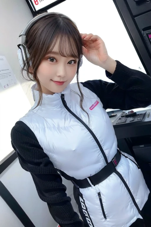 An innocent 20-year-old girl、((White tank top, Dramatic Pose)),smile,BREAK (Spacecraft control room background):2,、BREAK RAW Photos, (8k、highest quality、masterpiece:1.2)、(Intricate details:1.4)、(Photorealistic:1.4)、Octane Rendering、Complex 3D rendering with ultra-detail, Studio Soft Light, Rim Light, Vivid details, Super Detail, Realistic skin texture, Detailed aspect, Beautiful details in the eyes, Highly detailed CG Unity 16k wallpaper, compensate, (Detailed Background:1.2), Glowing Skin, whole body、(astrovest):2,(black long sleeves):5,headphone,smartwatch,((Standing with hands behind back、Leaning forward、Angle from above))
