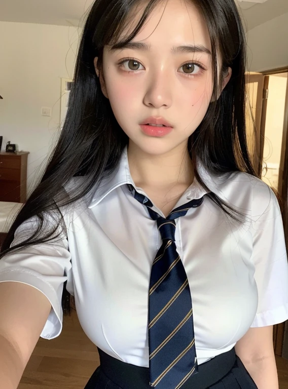 (highest quality, 8K, masterpiece ),12 year old junior high school student, bangs、black hair,big breasts、A chest that is about to burst、white shirt、tight mini skirt, Put the hem of the shirt in the skirt、super detailed face, double eyelid, Upper body、strong natural light、turn around and look at the viewer、NSFW