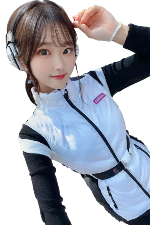 An innocent 20-year-old girl、((White tank top, Dramatic Pose)),smile,BREAK (Spacecraft control room background):2,、BREAK RAW Photos, (8k、highest quality、masterpiece:1.2)、(Intricate details:1.4)、(Photorealistic:1.4)、Octane Rendering、Complex 3D rendering with ultra-detail, Studio Soft Light, Rim Light, Vivid details, Super Detail, Realistic skin texture, Detailed aspect, Beautiful details in the eyes, Highly detailed CG Unity 16k wallpaper, compensate, (Detailed Background:1.2), Glowing Skin, whole body、(astrovest):2,(black long sleeves):5,headphone,smartwatch,((Standing with hands behind back、Leaning forward、Angle from above))