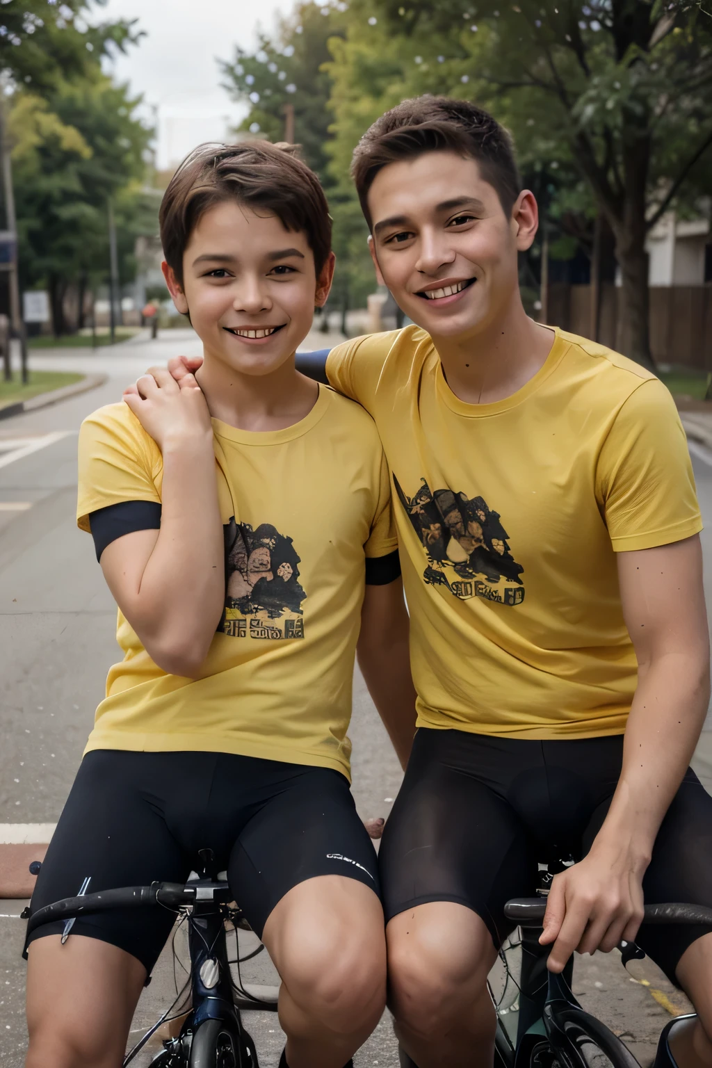 imagen en 4K, two male children, estadounidenses, , rostro perfecto, piel clara, pelo corto amarillo, ropa de ciclismo, tomando un refresco, sonriendo.