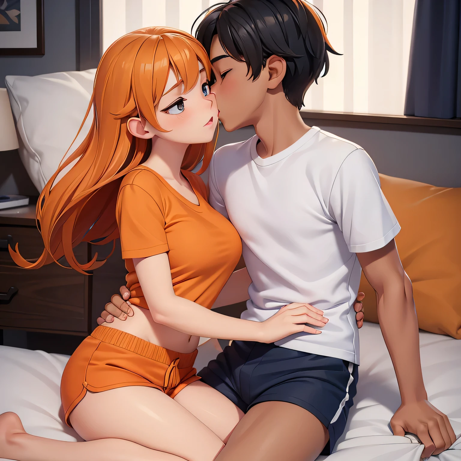 Amazing portrait of a young woman wearing white and orange striped t shirt and orange shorts and young boy wearing a navy blue t shirt and black shorts sitting on a bed together and kissing and making out passionately in a sexy and hot and lustful setting