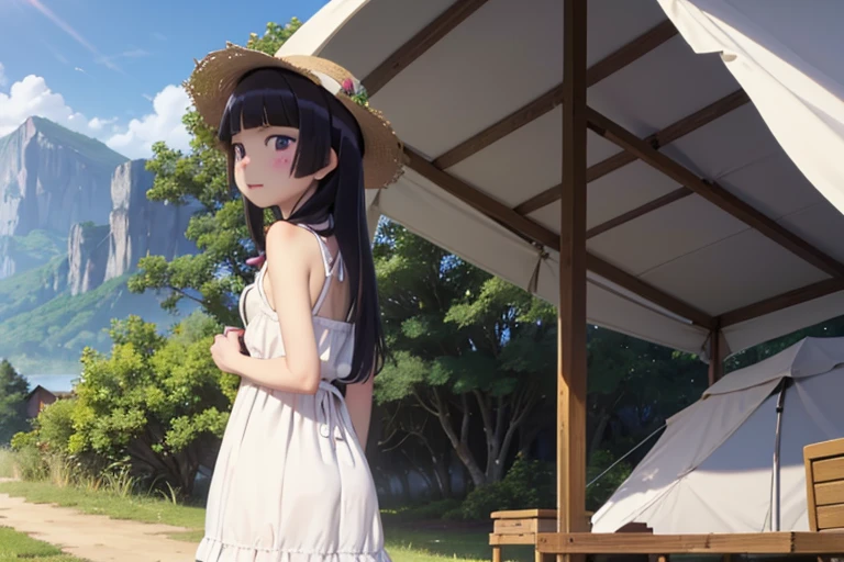 ((ruri gokou)), long hair, blush, black hair, 1girl, pants, mole, mole under eye, (Straw hat), Awning hat, (sundress), dress, (white dress), Outdoor, camp, Beautiful Mountain々, background, The set up tent, clear々A beautiful morning, Light shines in, In front of the tent, coffee, Have fun, landscape, nature, quiet, picnic, Relaxation, refreshing, early morning, Calm, scenery, relax, fresh, Morning, Sunrise, hiking, Adventure, blue sky, fresh air, Journey, Majestic, Lush