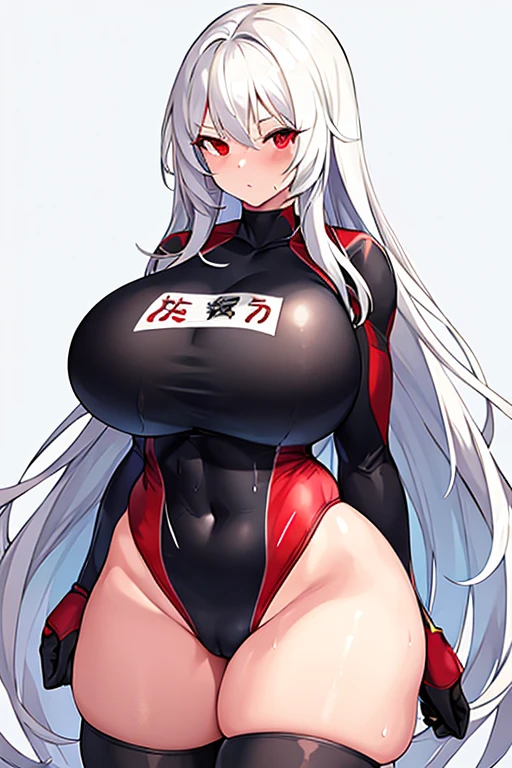 1girl, white hair, long hair, red eyes, serious, glowing eyes, large breasts, thick thighs, mature female, athletic female, toned, one-piece swimsuit, competition swimsuit, long sleeves, sleeves, gloves, black one-piece swimsuit, thighhighs, wet