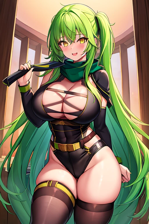 1girl, green hair, long hair, yellow eyes, light smile, glowing eyes, large breasts, thick thighs, athletic female, toned, leotard, black leotard, thighhighs, arm strap, thigh strap, black thighhighs, belt, knife, pantyhose, black pantyhose, ninja, kunoichi, scarf, robe, cape