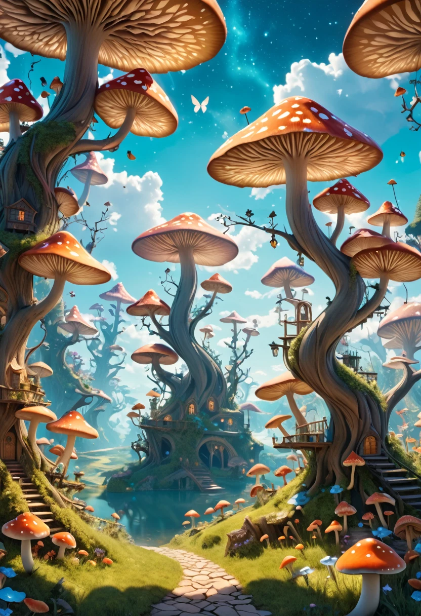 A surreal landscape of twisted trees and mushrooms, inhabited by tiny fairies. 8k