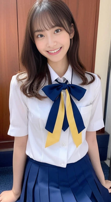 highest quality、masterpiece、solo、Beautiful Japanese 、、Sexy Uniform、Big Tits、(Photographing a subject from an angle)、skinny、 (胸元がチラリと見えるSexy Uniform)、(Visible lower milk、Uniforms that reveal ribs and belly buttons)、You can see the super mini skirt 、Uniform without sleeves、Happy smile、((Watching the audience))、Blushing、School classroom