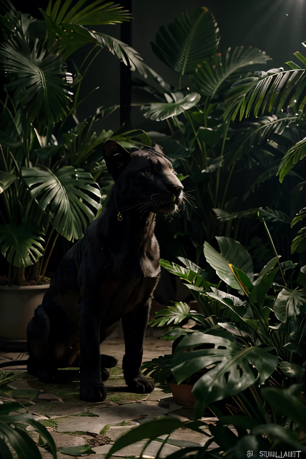 A black jaguar wearing a Conalep , planting a plant, detailed photorealistic 3D render, ultra-detailed, highly realistic, 8k, hyper realistic, studio lighting, sharp focus, cinematic, dramatic lighting, mystical atmosphere, lush foliage, intricate textures