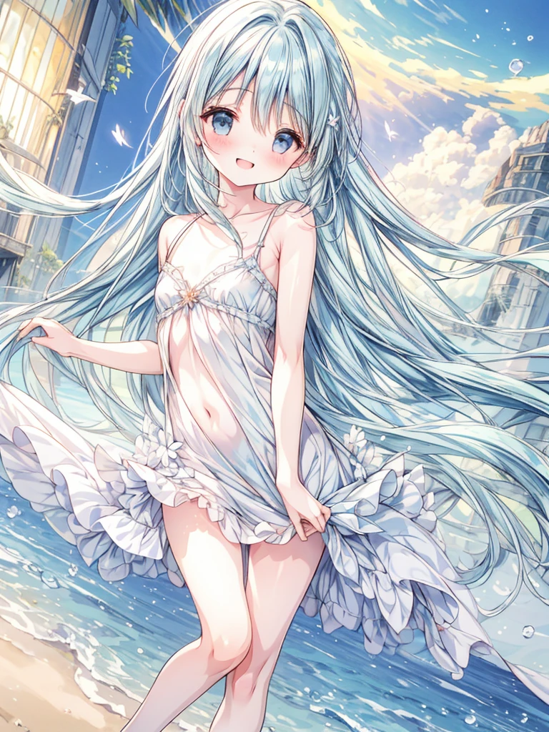 masterpiece, best quality, extremely detailed, (illustration, official art:1.1), 1 girl ,(((( light blue long hair)))), ,(((( light blue long hair)))),light blue hair, ,, long hair ((blush)) , cute face, big eyes, masterpiece, best quality,(((((a very delicate and beautiful girl))))),Amazing,beautiful detailed eyes,blunt bangs((((little delicate girl)))),tareme(true beautiful:1.2), sense of depth,dynamic angle,,,, affectionate smile, (true beautiful:1.2),,(tiny 1girl model:1.2),)(flat chest), (((masterpiece))), (((best quality))), (((ultra detailed))), sunset,absurdres, highresBREAKGirl wearing swim wet costume Running in beach, (smile, happy:1.2), full body,score_9