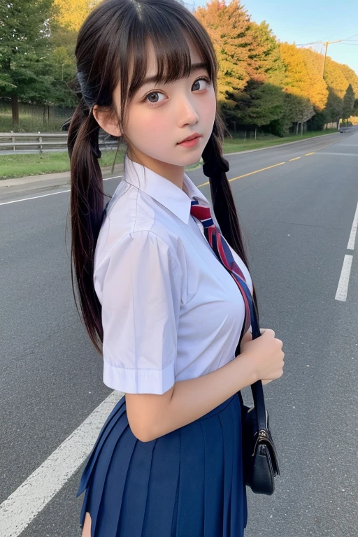Big Breasts、Belly button、Sweat on face、[[[Angry face]]]、((Highest quality))、(masterpiece:1.3)、Raw photo、8k、(Highest quality)、(Highest Resolution)、Beautiful face in every detail、Photorealistic、(The most beautiful woman:1.3)、(The finest women) :1.3)、high school girl、(Small face)、Short Twin Tails、(high school girlの)、(The most beautiful girl in school:1.3)、(Country Road:1.3)、(With bangs)、(On the way to school)、(( 18 year old beauty))、Beautiful Hair、Long neck、tie、Everyone longs for、summer、No sleeve、(Big eyes), nsfw