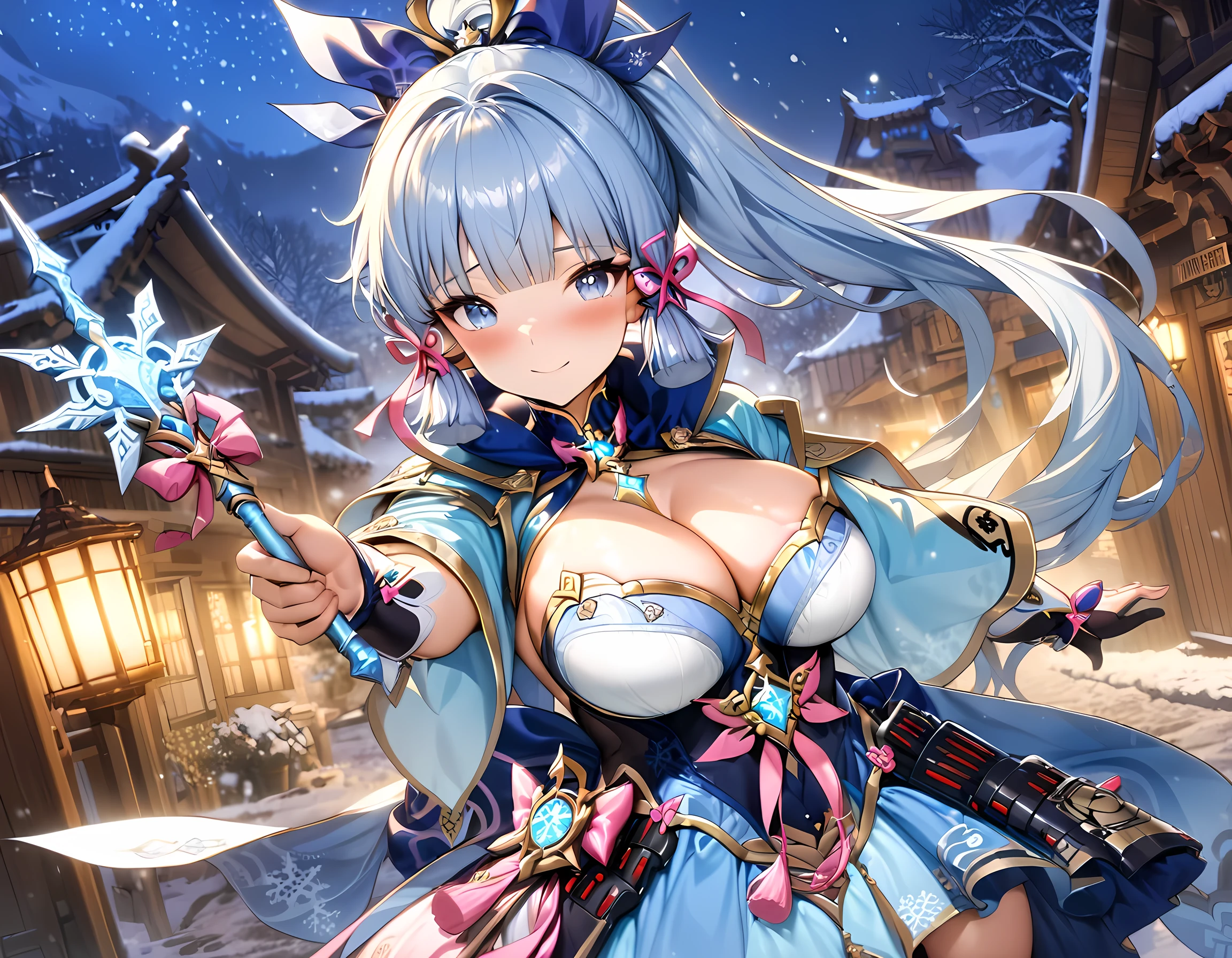 (masterpiece), best quality, expressive eyes, perfect face,kamisato ayaka,genshin impact,(magical girl costume:1.3),big breasts,ponytail hair ribbon,[[cleavage]],[[snowflake wand]],blush,smile,snowing,japanese village,night,fantasy lighting,standing,victory pose,cowboy shot,dynamic angle,(sparkle:0.9).(glitter:0.9)